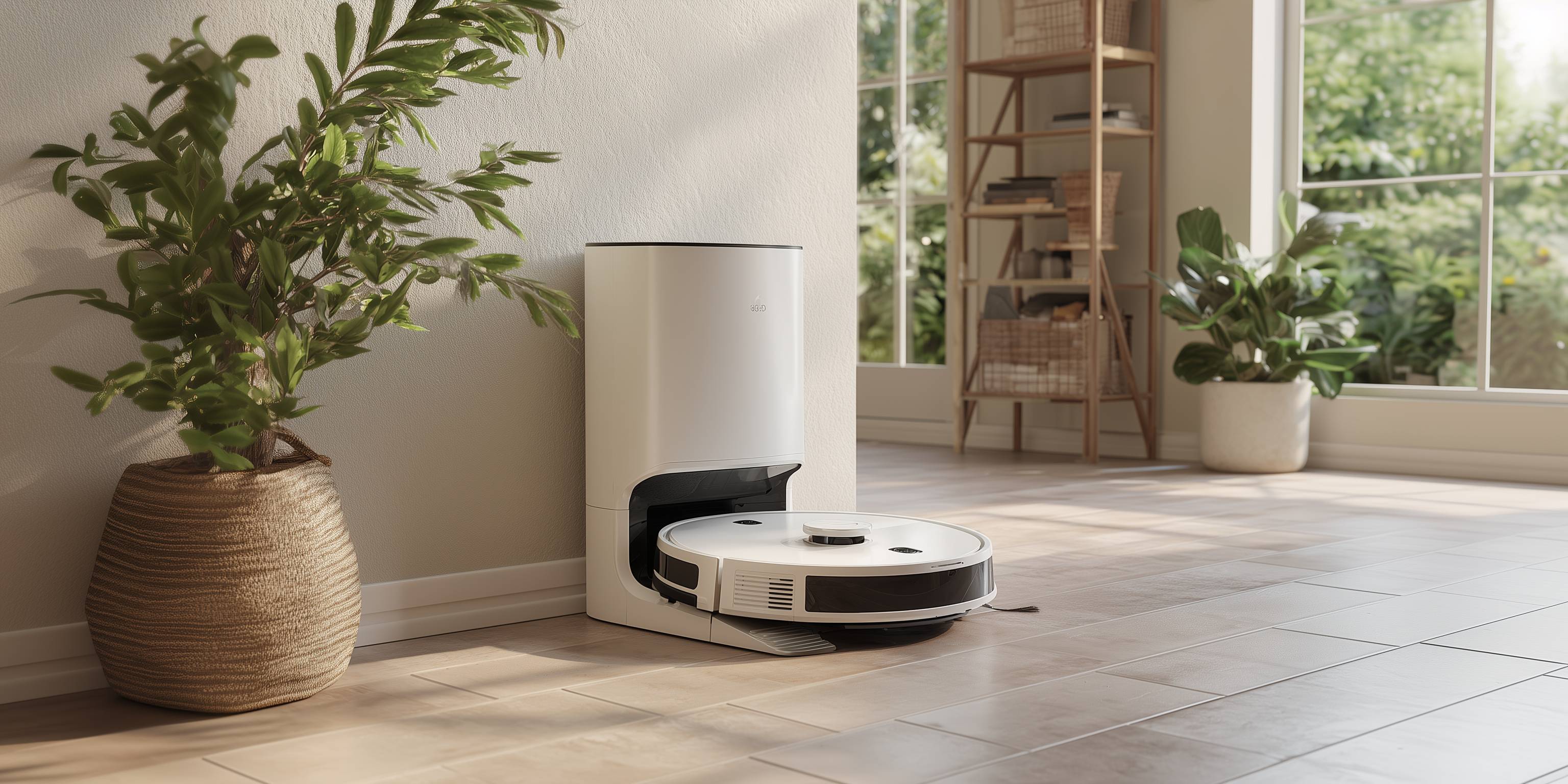 Ein Saugroboter mit Absaugstation steht in einem hellen Raum mit Pflanzen.