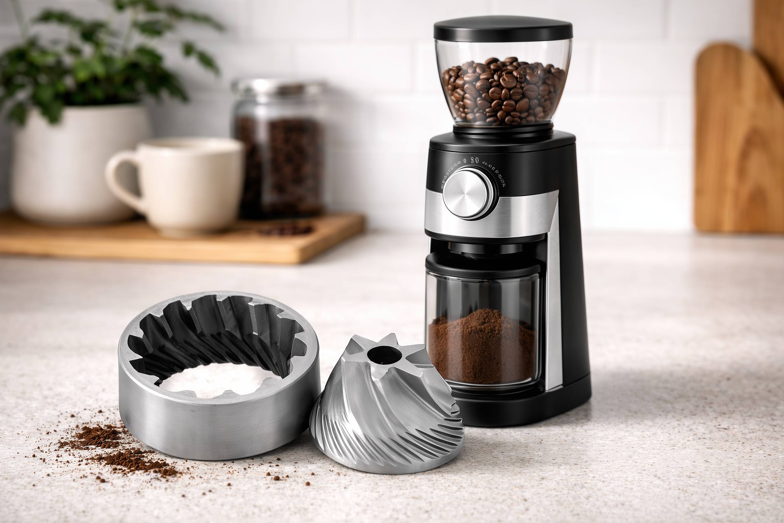 Elektrische Kaffeemühle und herausgenommenem Kegelmahlwerk auf einer Küchenarbeitsplatte.