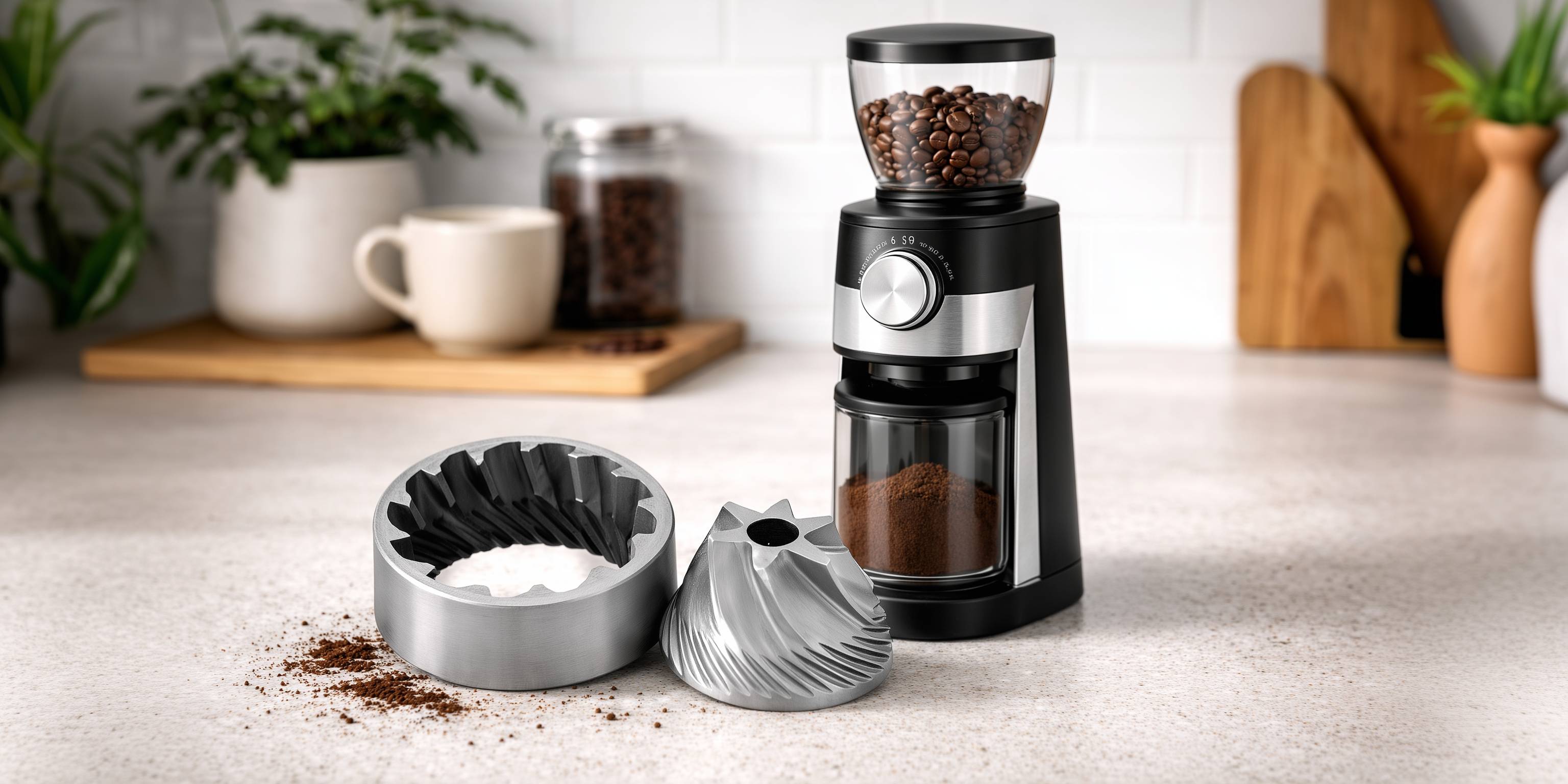 Elektrische Kaffeemühle mit Kegelmahlwerk auf einer Küchenarbeitsplatte.