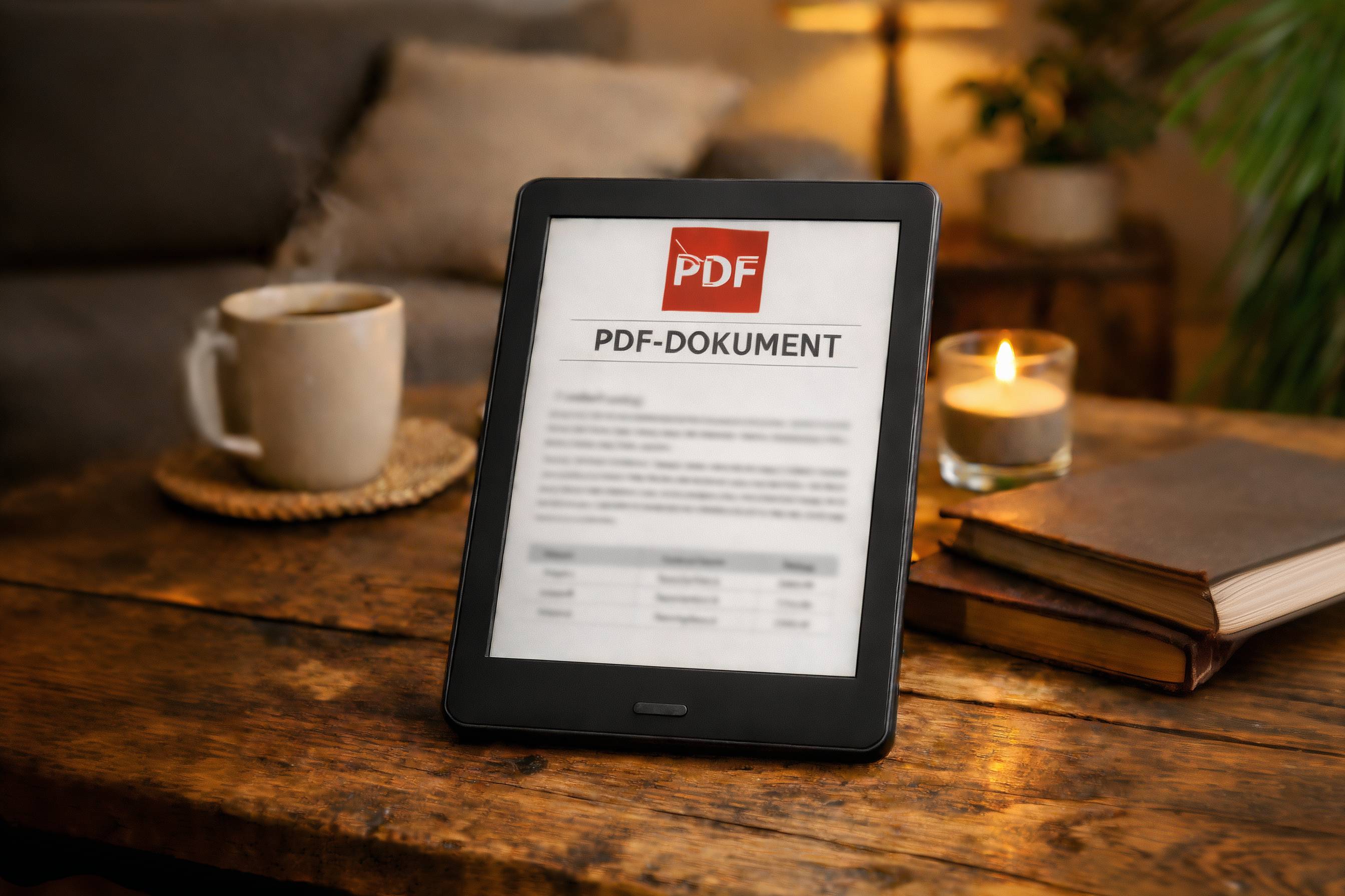 Tablet mit geöffnetem PDF-Dokument auf einem Holztisch neben einer Tasse, Büchern und einer Kerze.