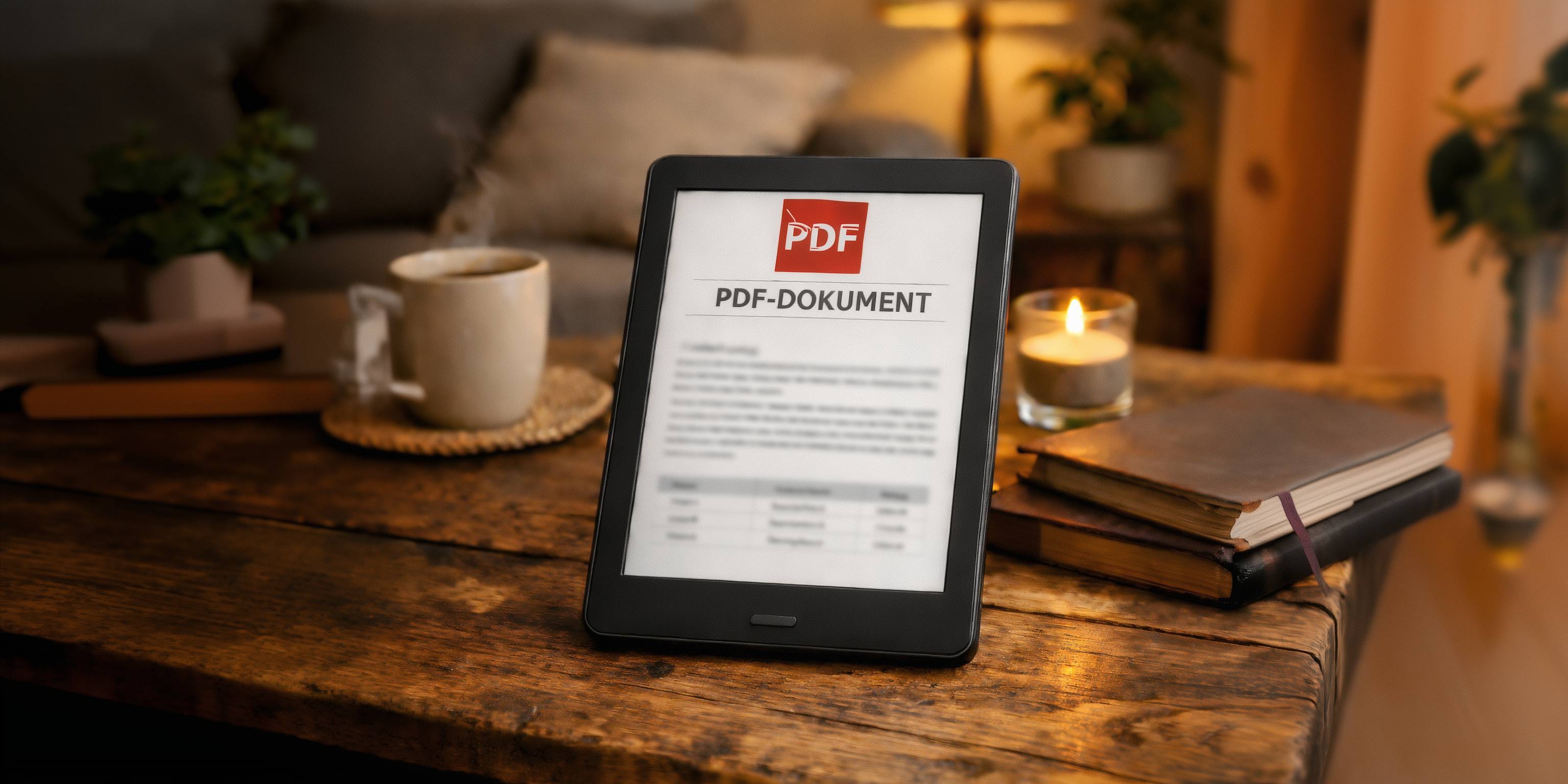 E-Book-Reader mit geöffnetem PDF-Dokument steht auf einem Holztisch neben Büchern, einer Kerze und einer Tasse.