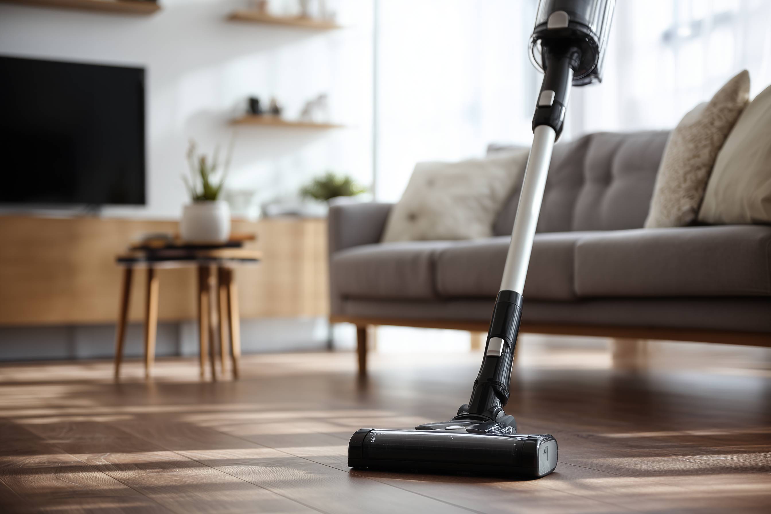 Akku-Staubsauger saugt auf Holzboden im Wohnzimmer