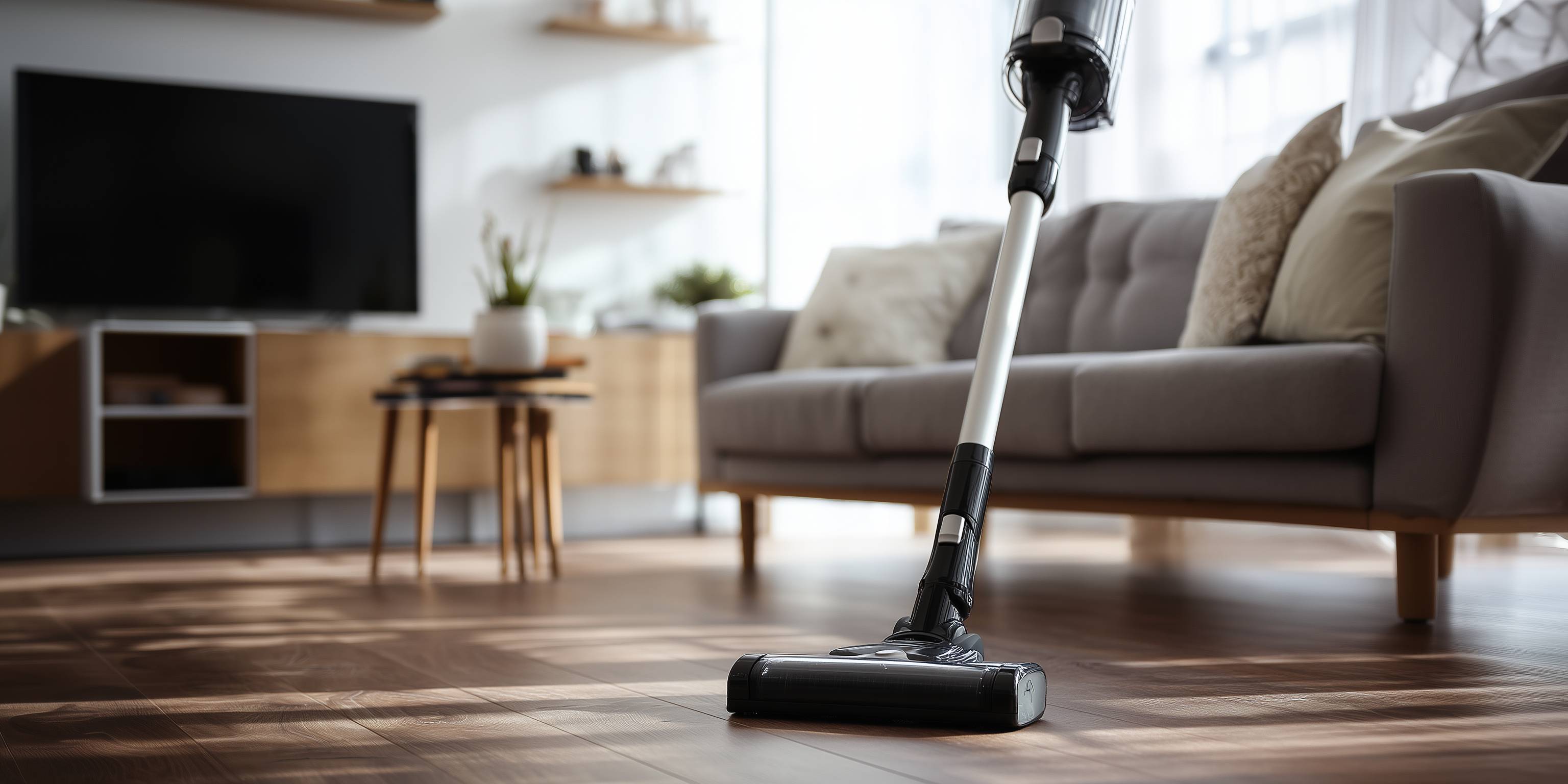 Akku-Staubsauger steht in einem Wohnzimmer auf einem Hartboden