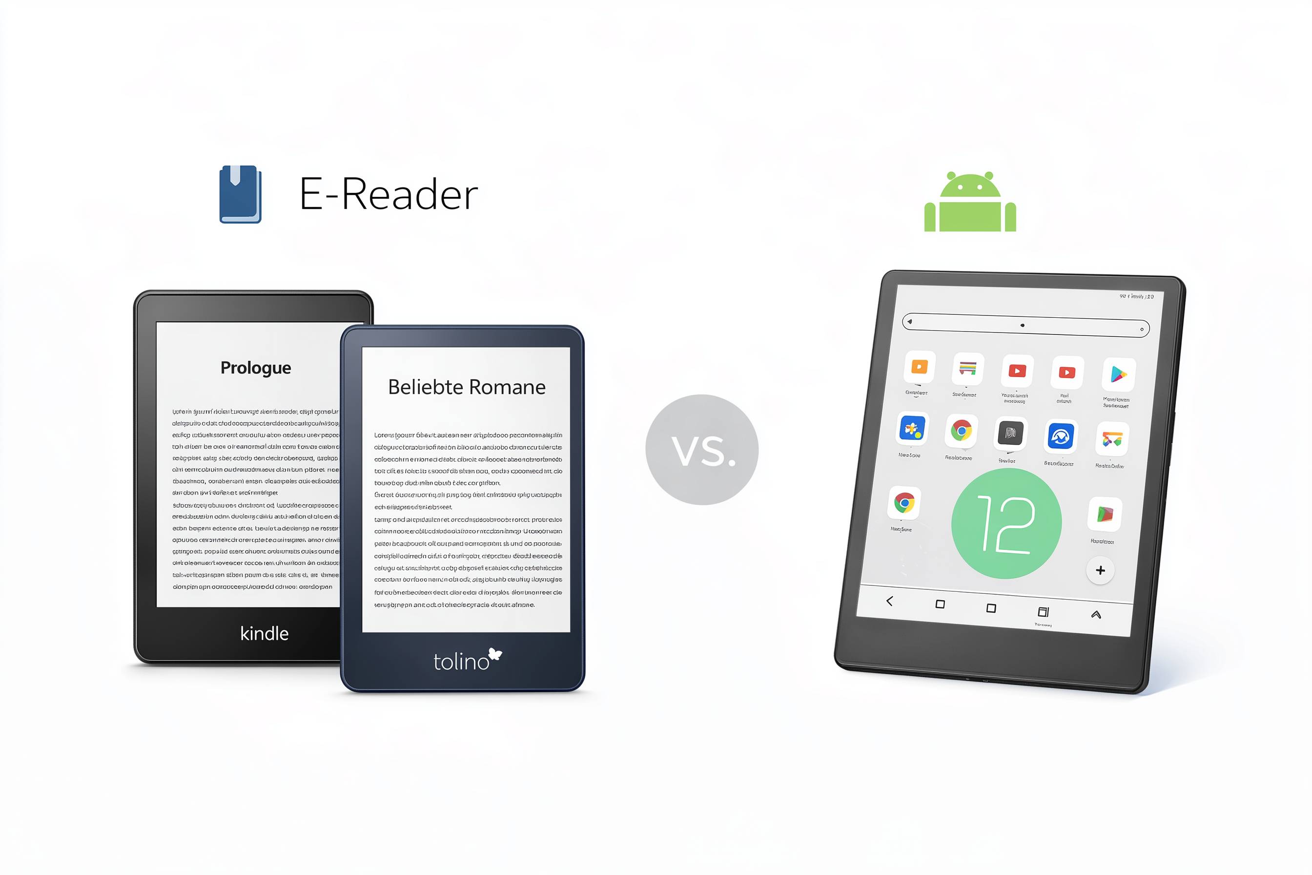 Vergleich von zwei E-Readern links und einem Android-Tablet rechts