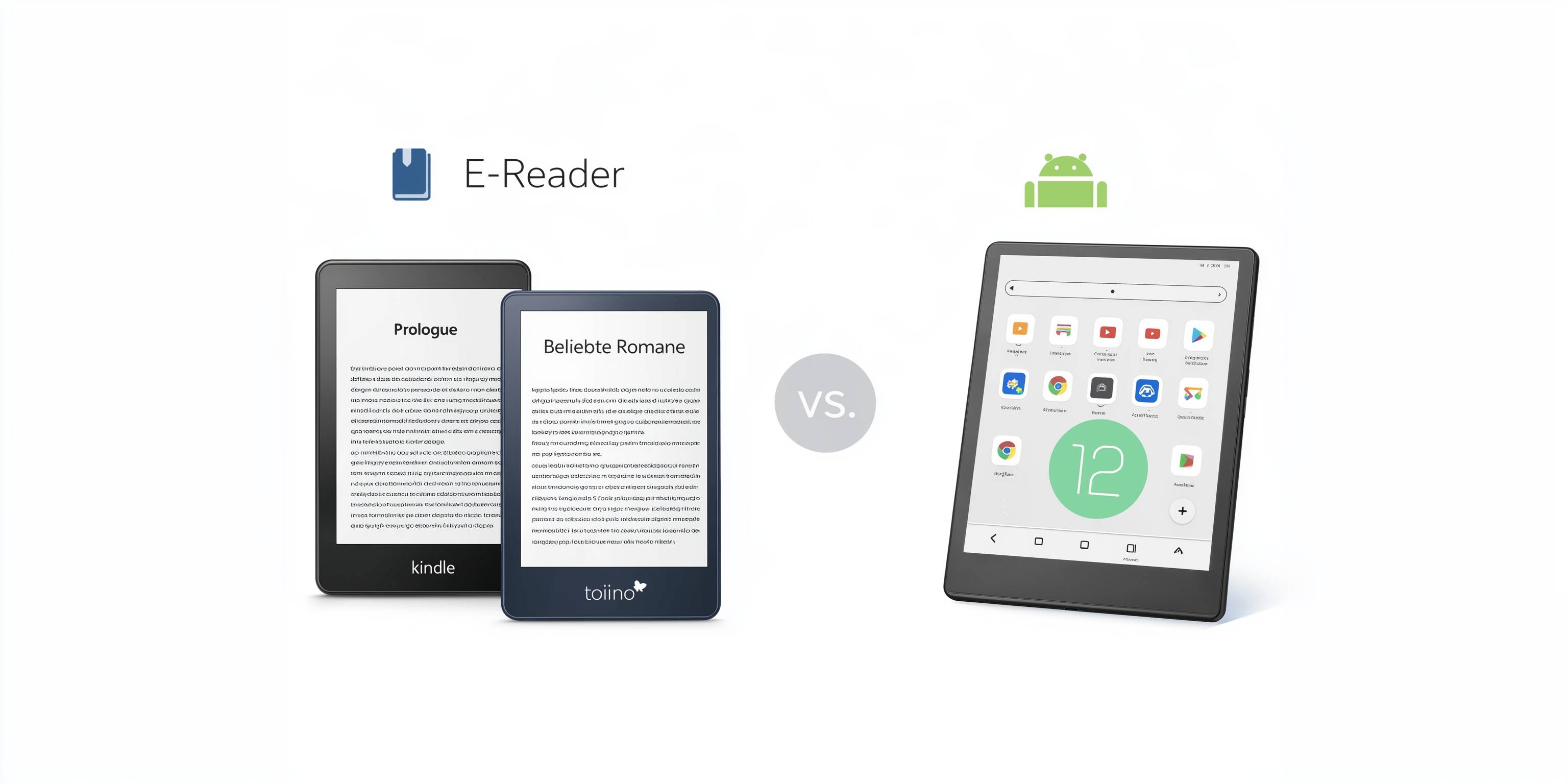Vergleich von zwei E-Readern links und einem Android-Tablet rechts