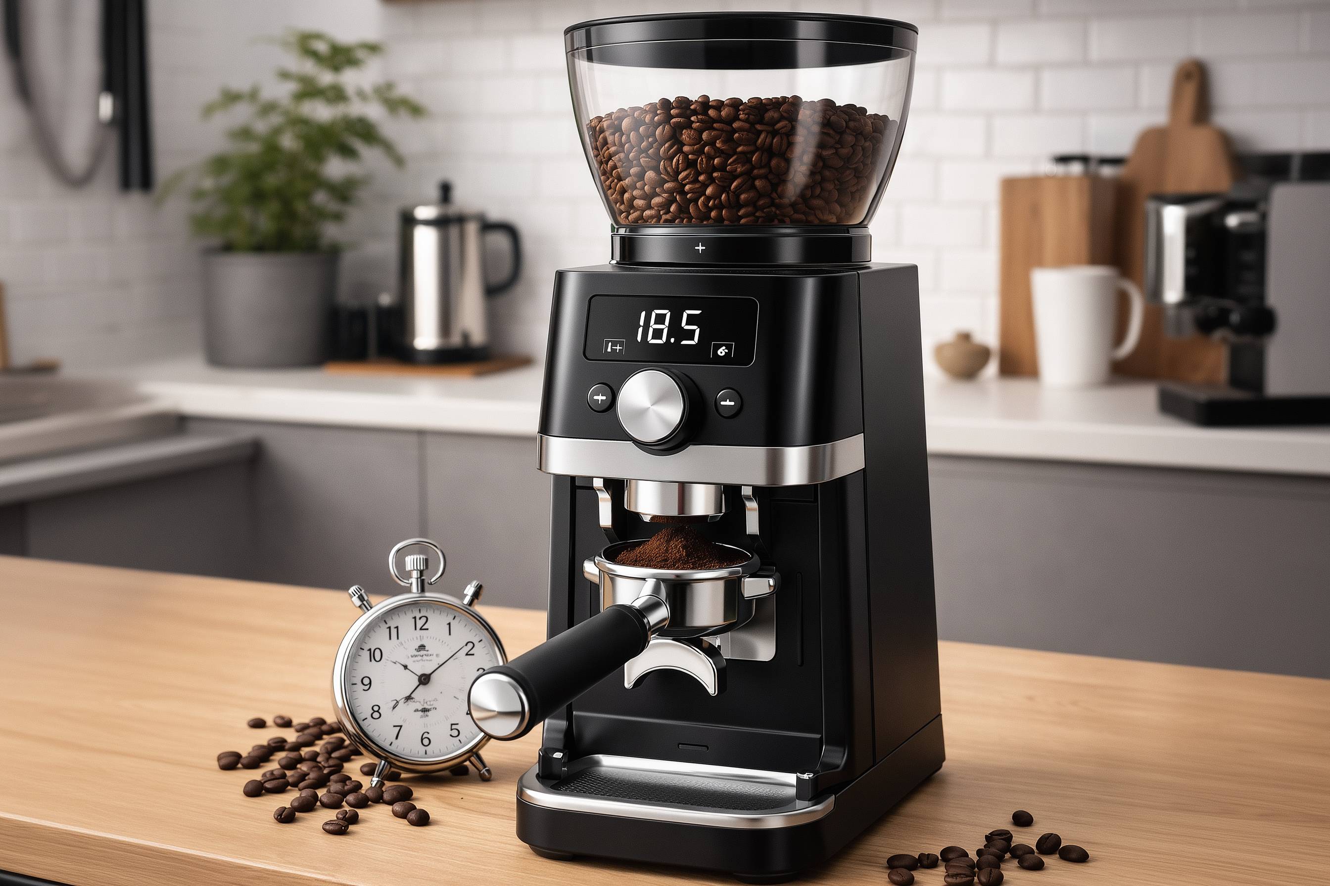 Elektrische Kaffeemühle mit Kaffeebohnen und Stoppuhr auf Holztisch