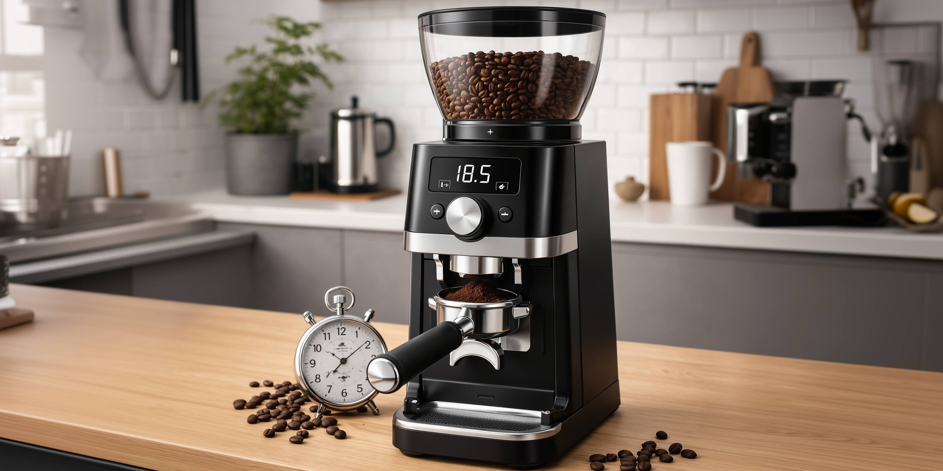 Elektrische Kaffeemühle mit Kaffeebohnen und Stoppuhr auf Holztisch