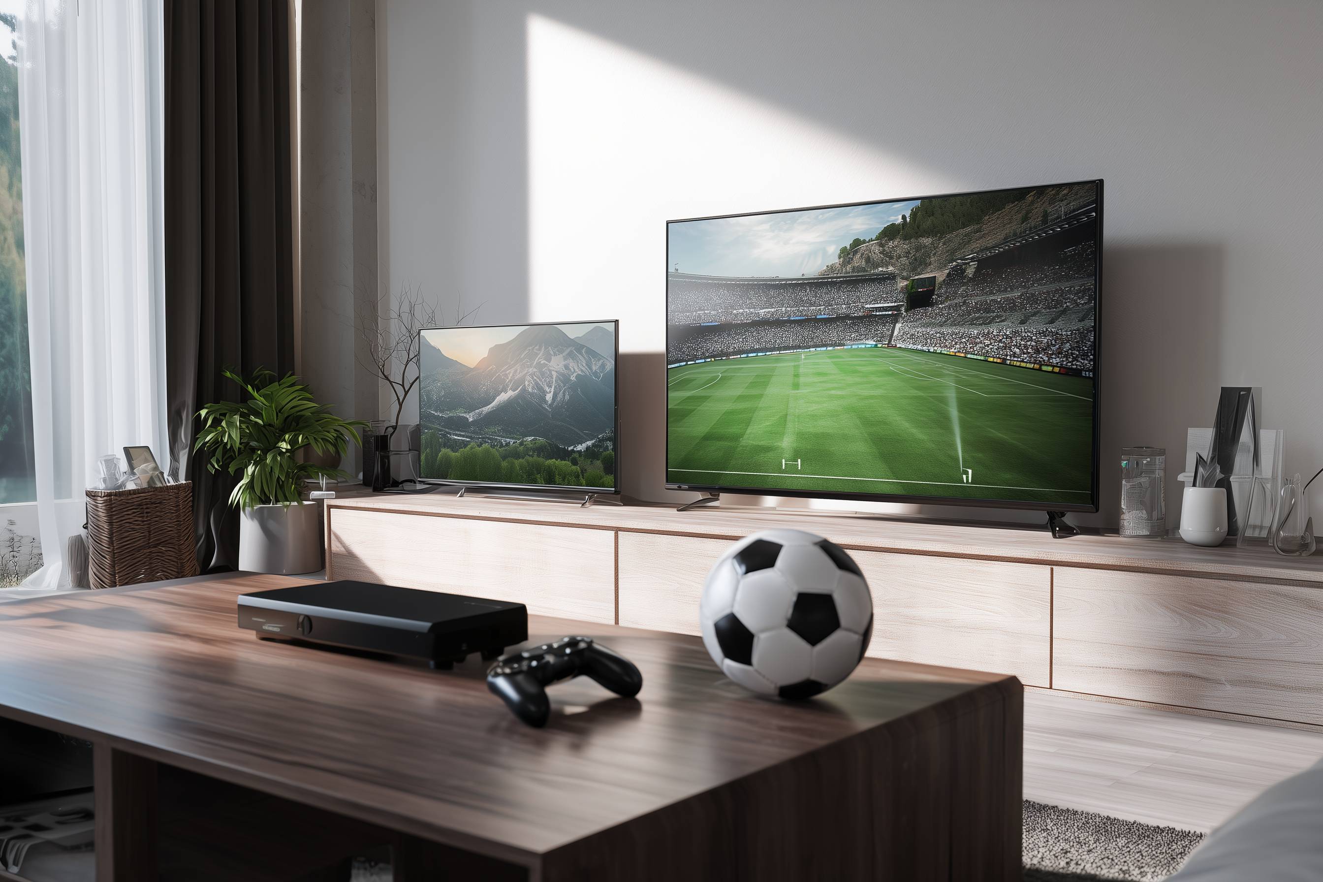 Wohnzimmer mit zwei Fernsehern, einem Fußball, einem Spielcontroller und einer Spielekonsole auf einem Holztisch