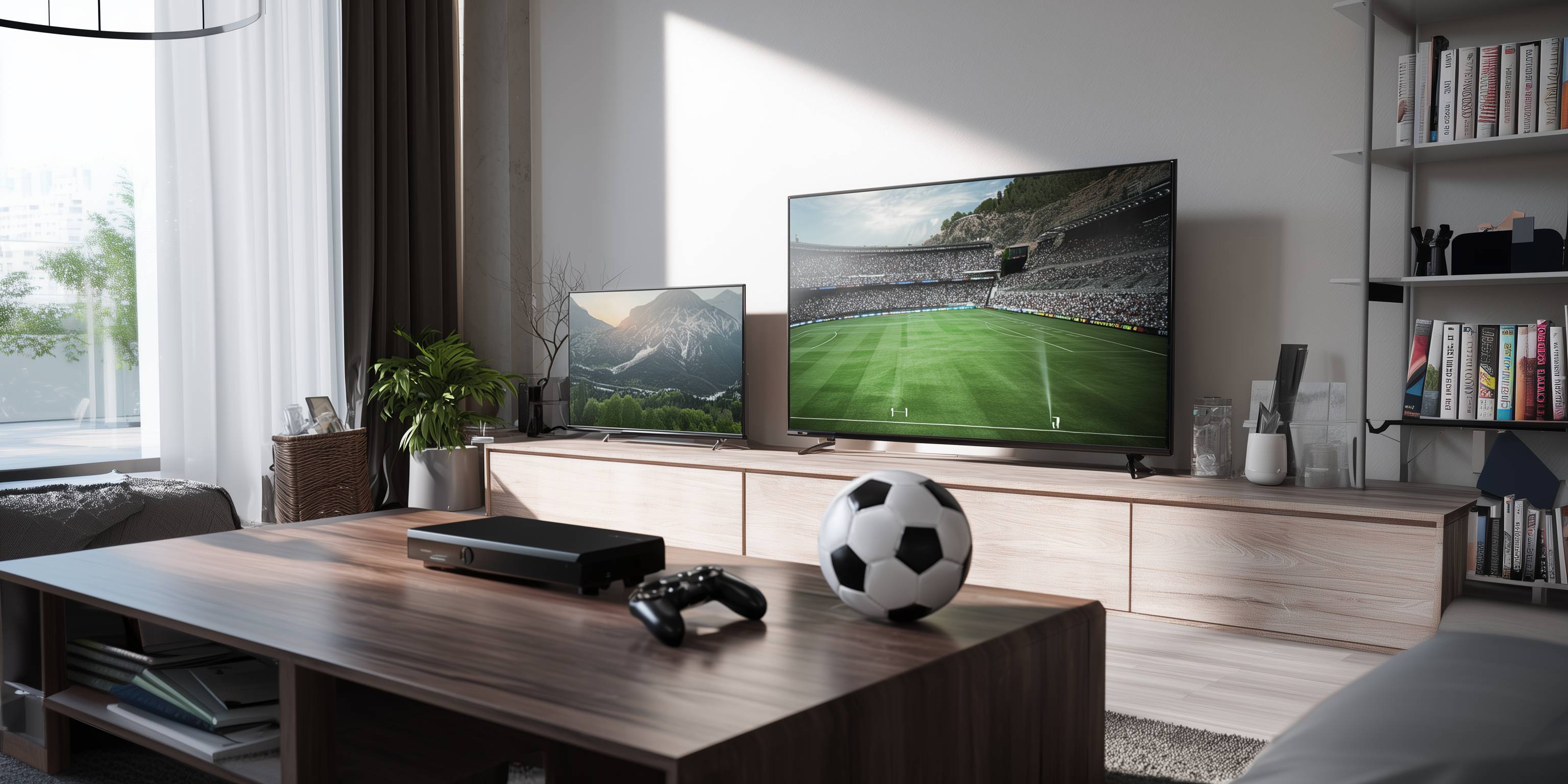 Wohnzimmer mit zwei Fernsehern, einem Fußball, einem Spielcontroller und einer Spielekonsole auf einem Holztisch