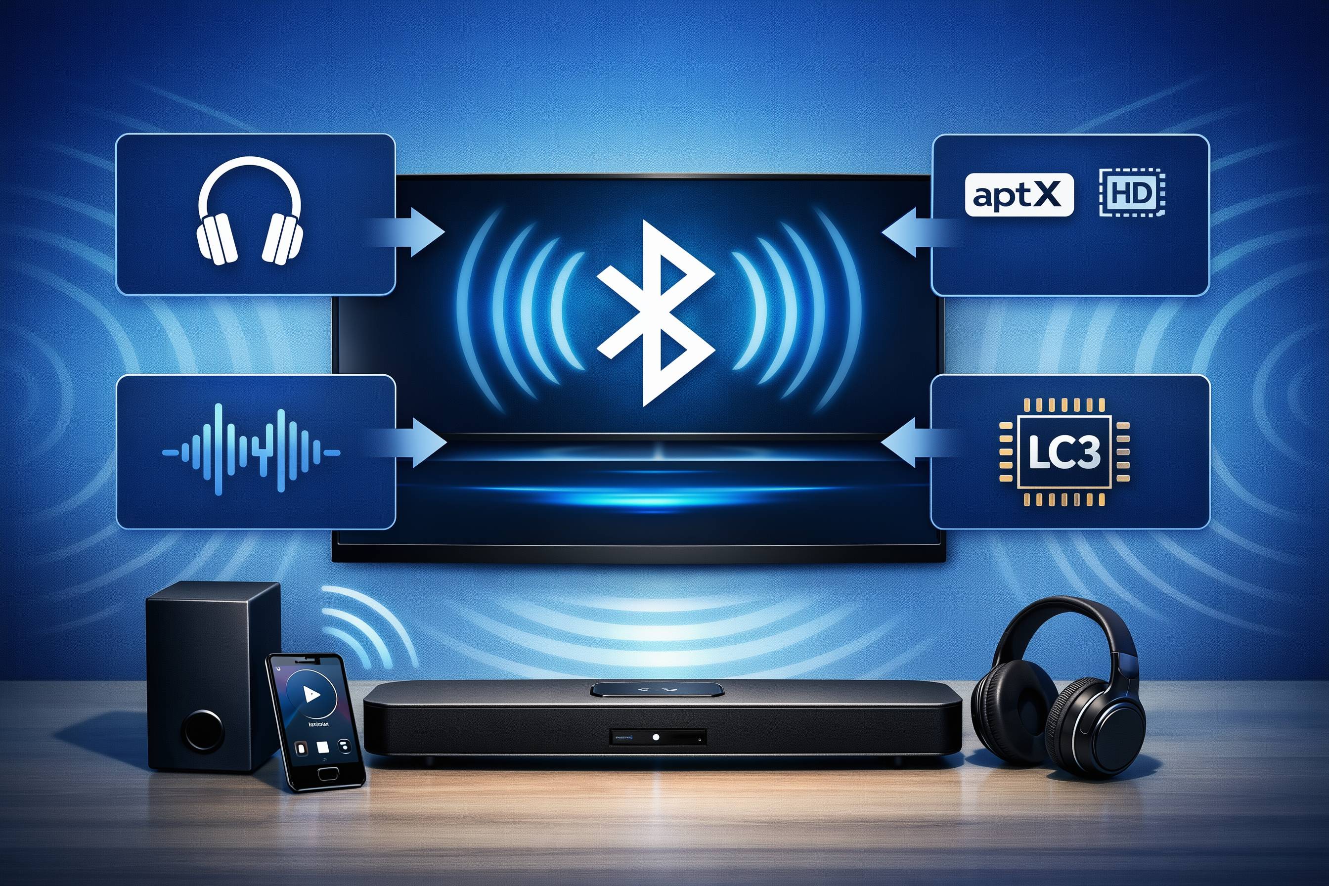 Bluetooth-Symbol mit Icons für Kopfhörer, aptX HD, Soundwellen und LC3-Chip über Audiogeräten auf einem Tisch