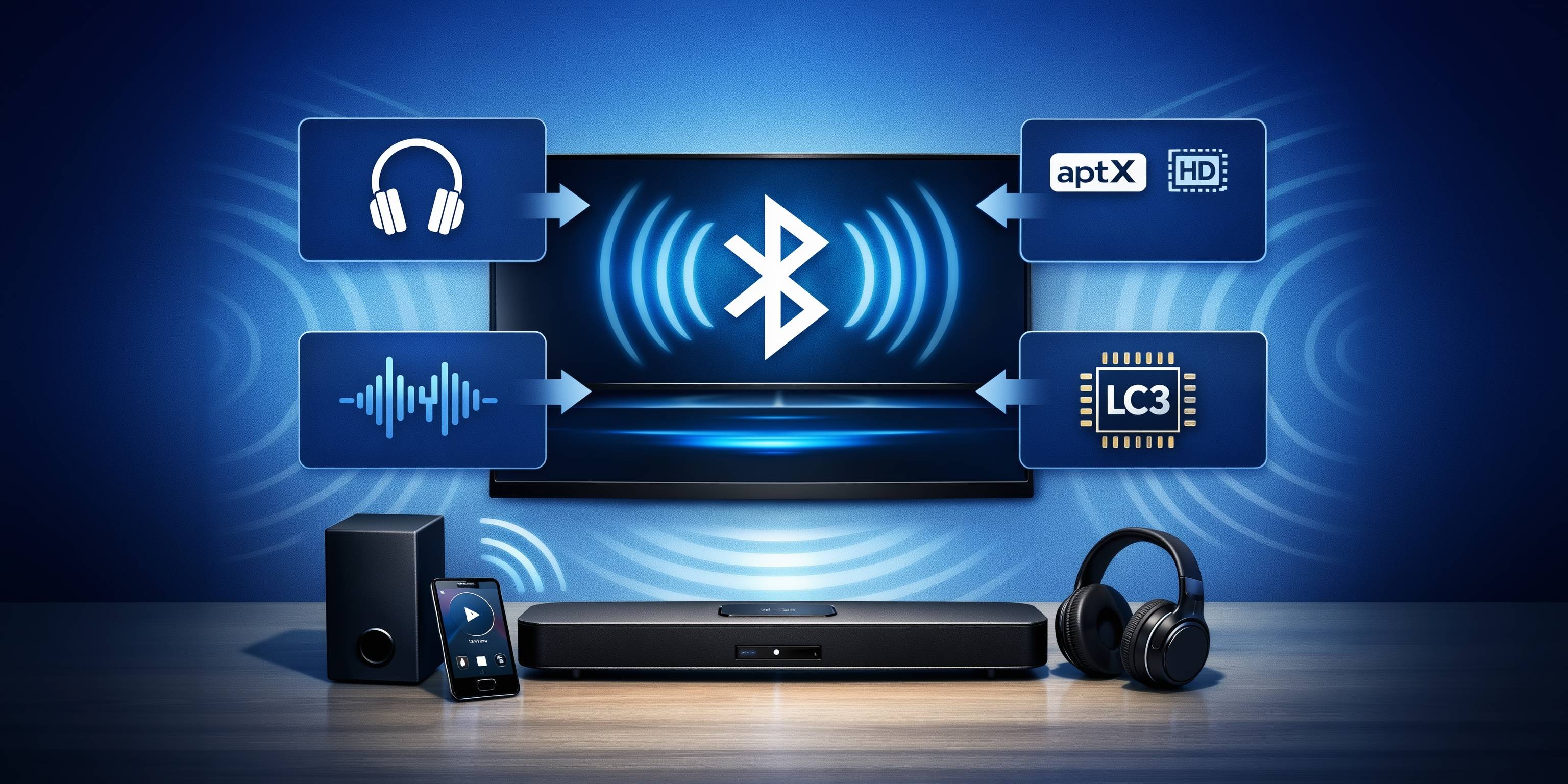 Bluetooth-Symbol mit Icons für Kopfhörer, aptX HD, Soundwellen und LC3-Chip über Audiogeräten auf einem Tisch
