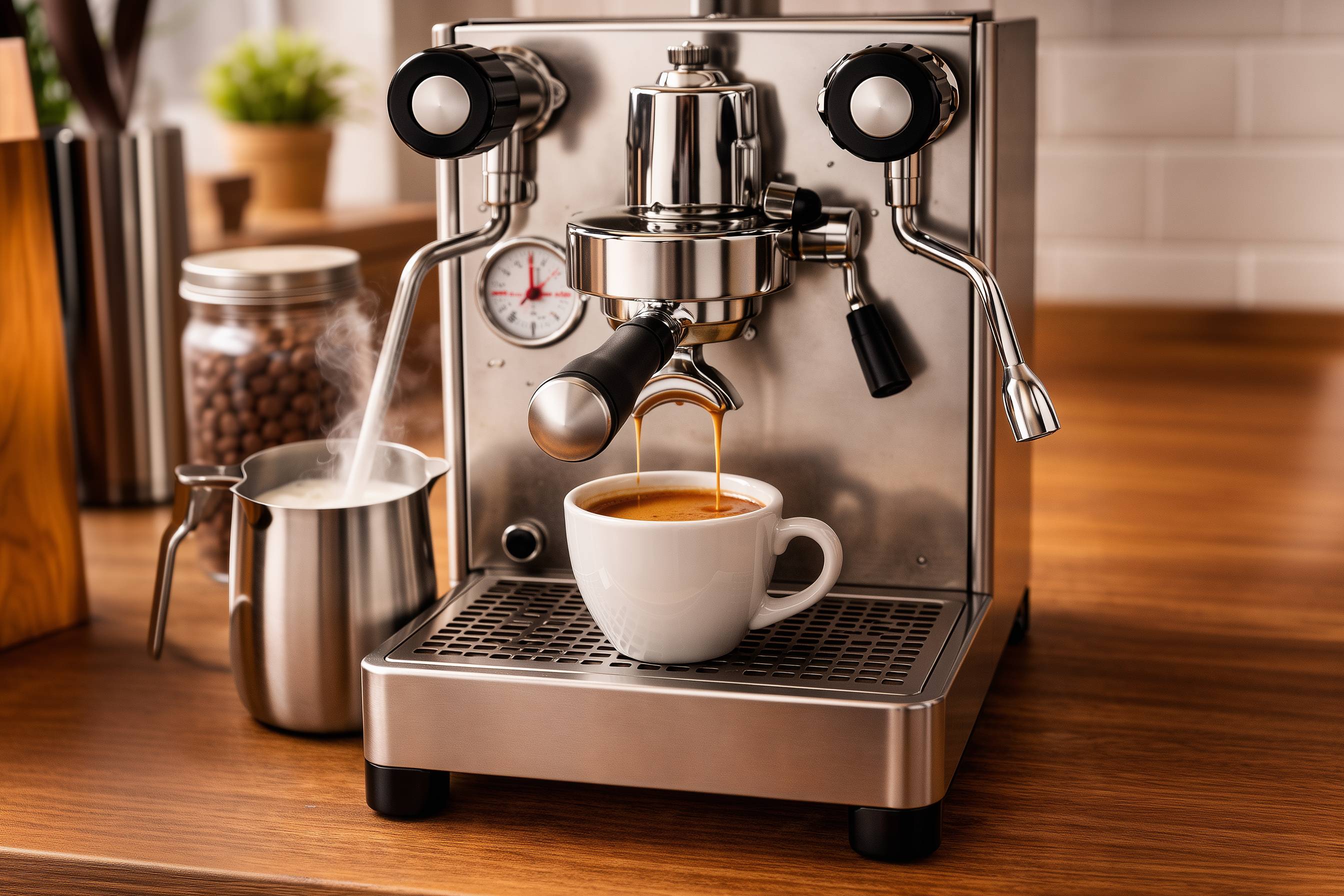 Zweikreiser-Siebträgermaschine brüht Kaffee und schäumt Milch auf