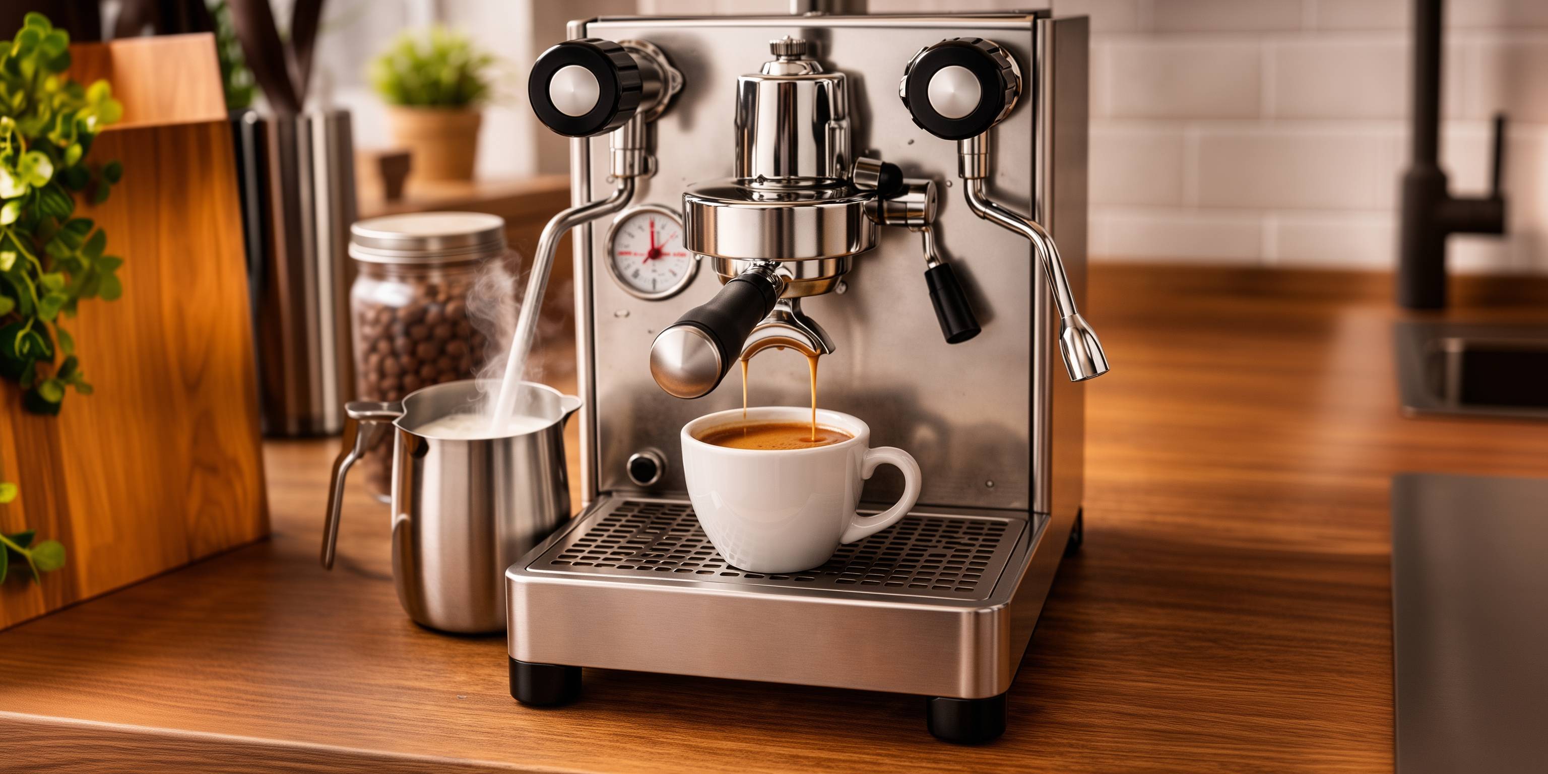 Zweikreiser-Siebträgermaschine brüht Kaffee und schäumt Milch auf