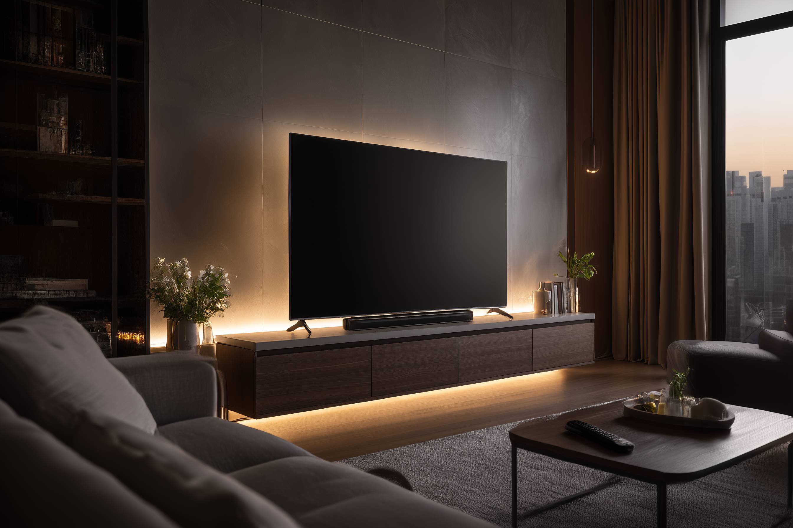 Wohnzimmer mit großem Fernseher auf Sideboard und indirekter Beleuchtung