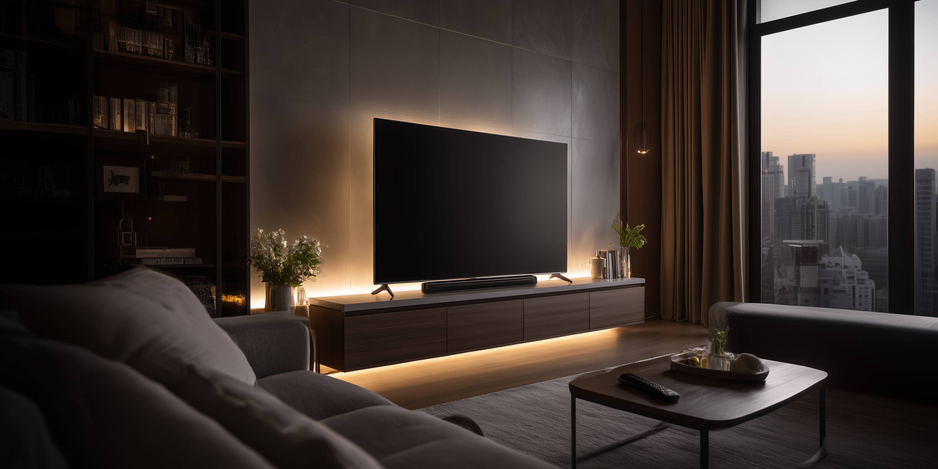 Wohnzimmer mit großem Fernseher auf Sideboard und indirekter Beleuchtung