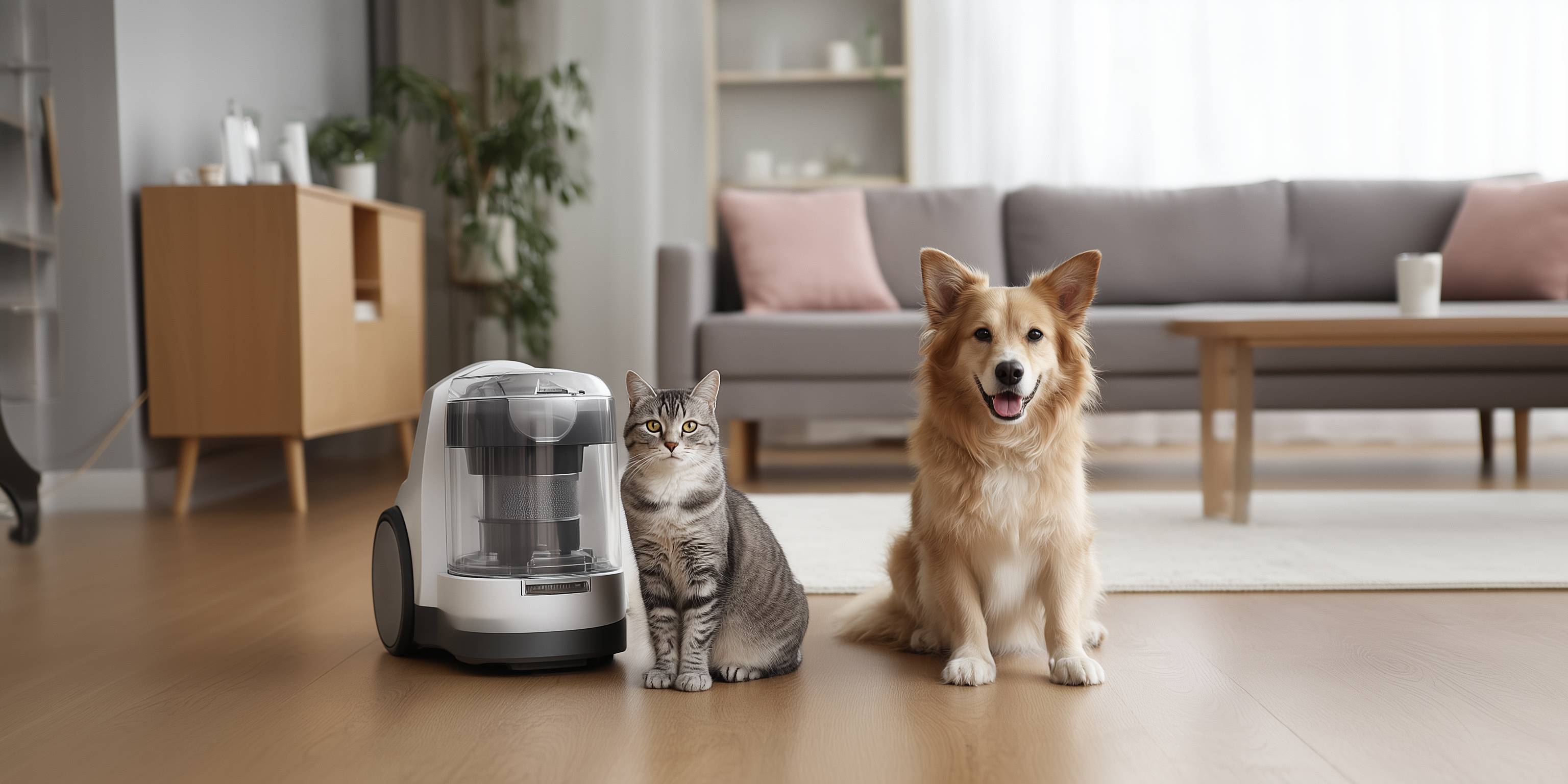 Katze und Hund sitzen nebeneinander vor einem beutellosen Staubsauger im Wohnzimmer