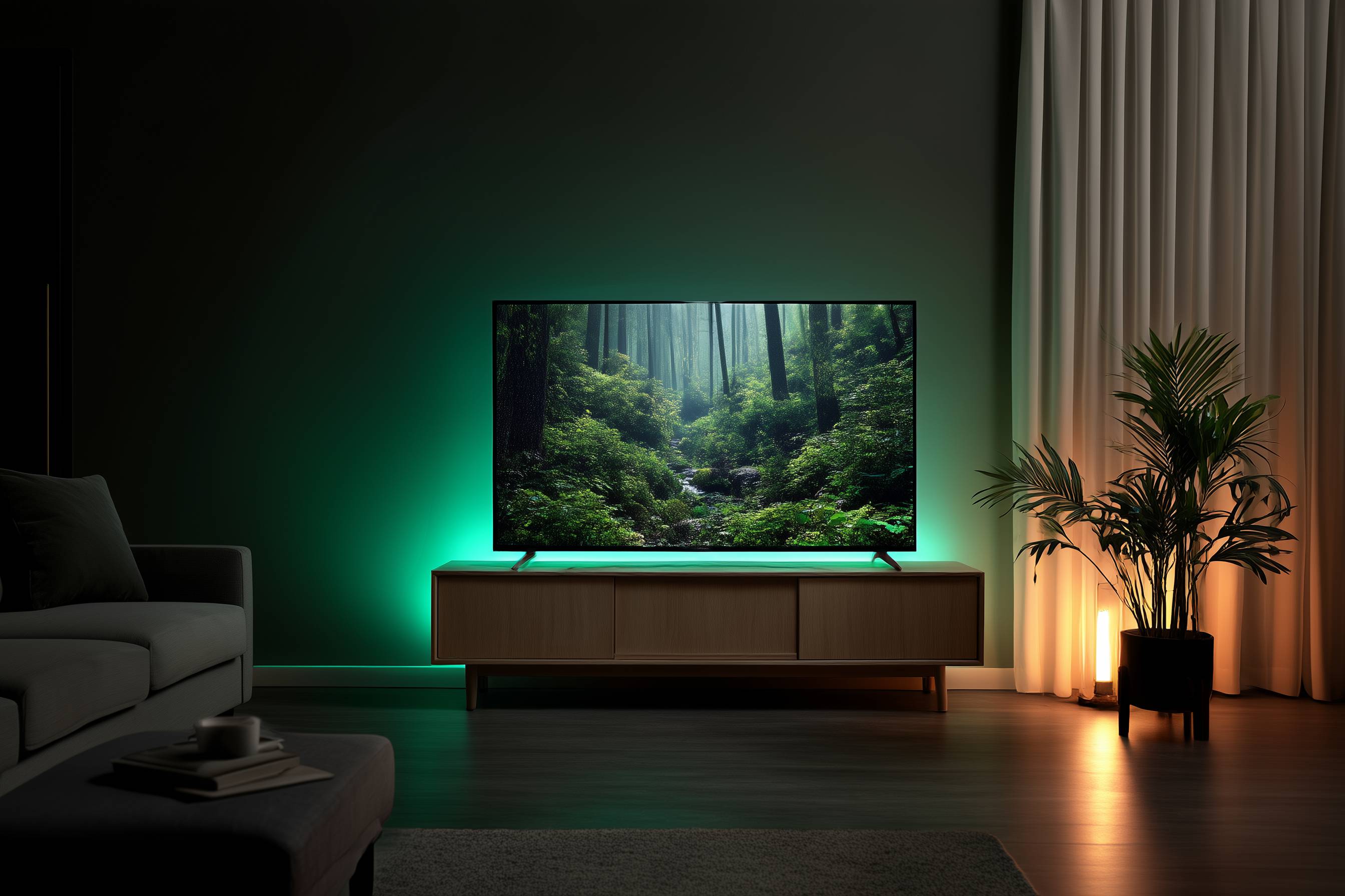 Fernseher mit Waldlandschaft und Ambilight auf einem Lowboard, umgeben von Sofa und Zimmerpflanze