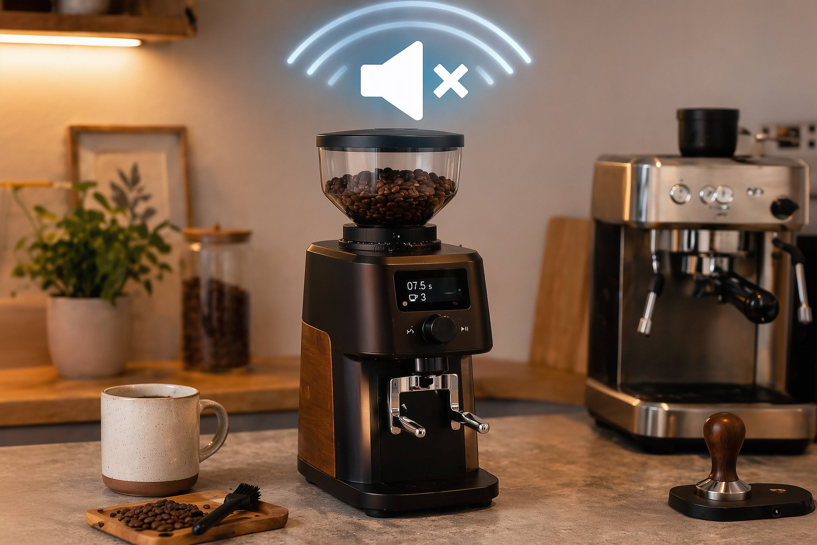 Kaffeemühle mit Kaffeebohnen, Espressomaschine und Tasse auf Küchentheke