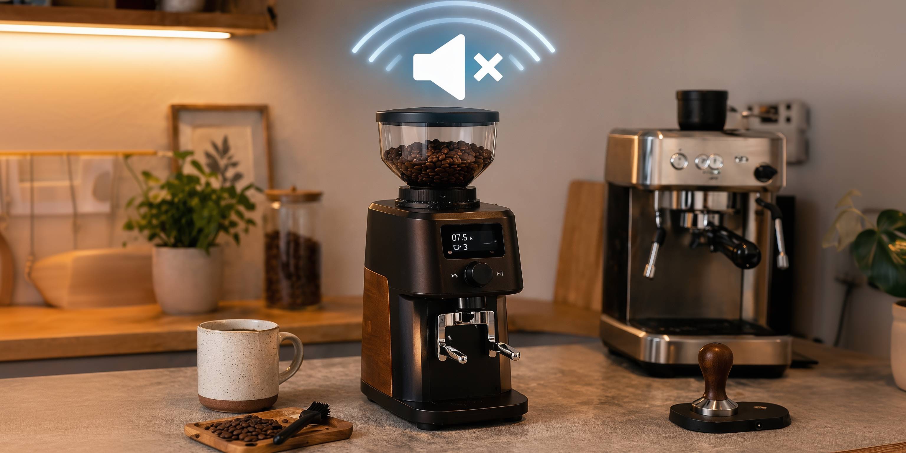 Kaffeemühle mit Kaffeebohnen, Espressomaschine und Tasse auf Küchentheke