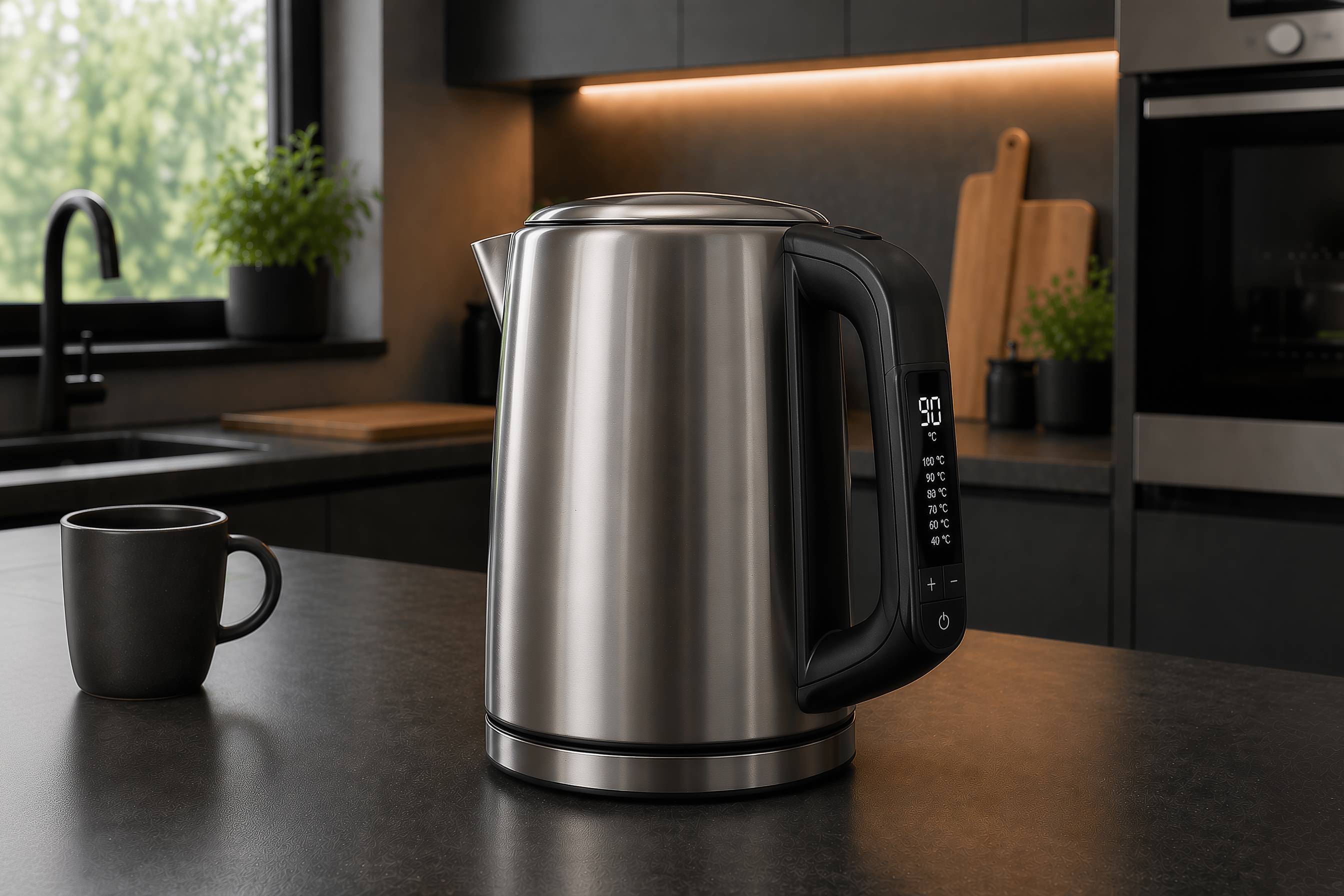 Edelstahl-Wasserkocher auf Küchenarbeitsplatte mit schwarzer Tasse im Hintergrund