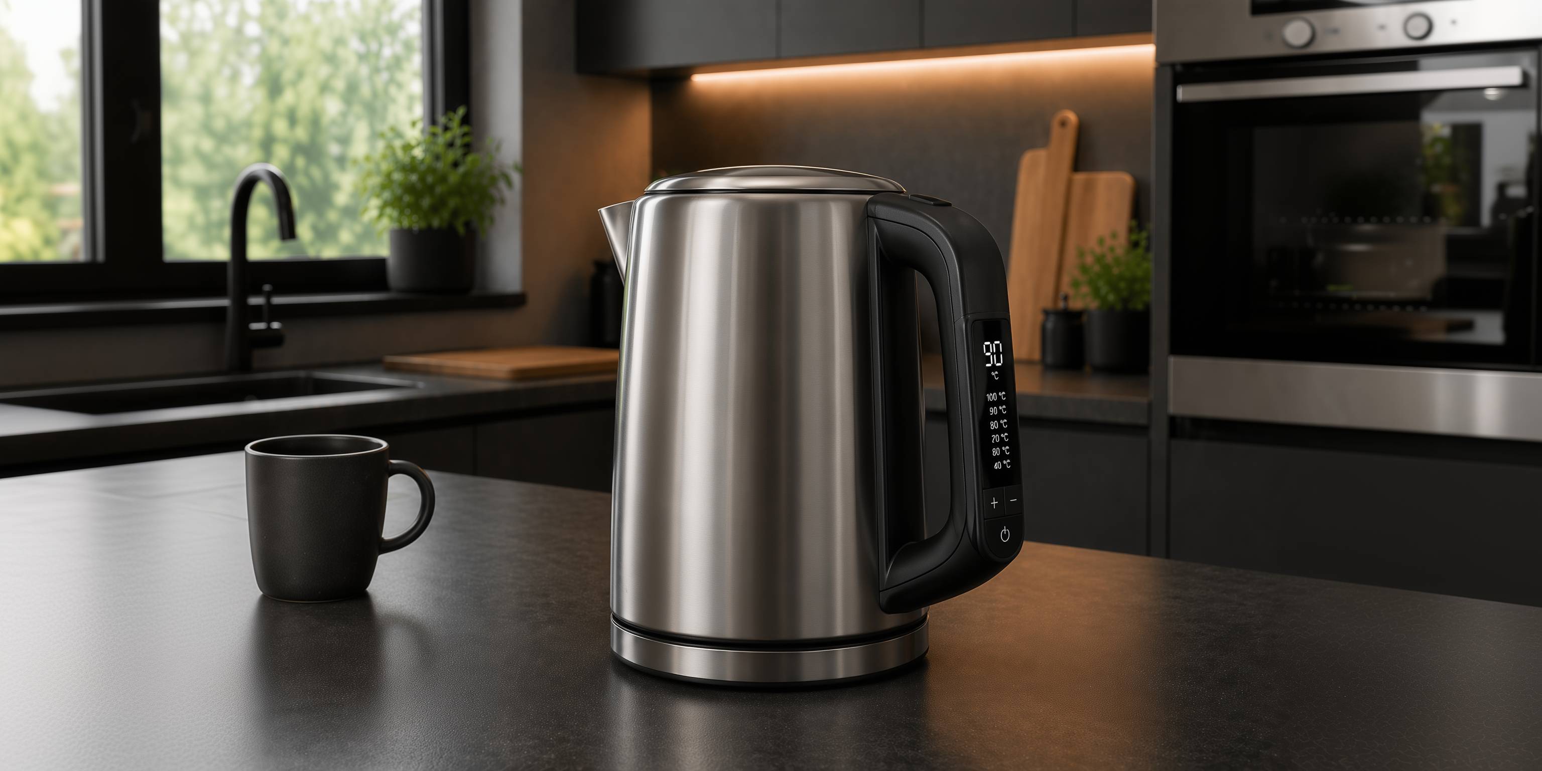 Edelstahl-Wasserkocher auf Küchenarbeitsplatte mit schwarzer Tasse im Hintergrund