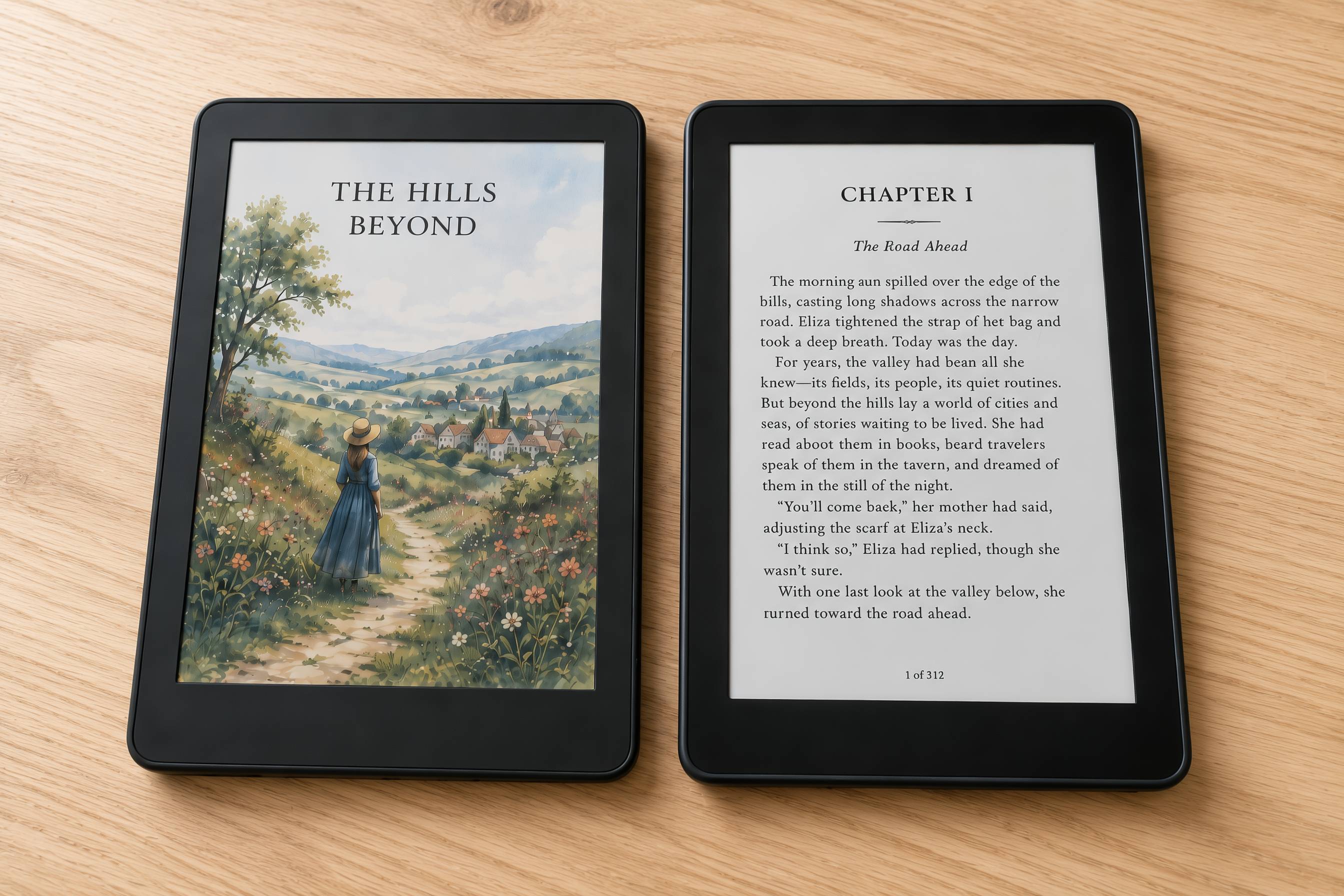 Zwei E-Reader auf Holztisch, einer zeigt Buchcover 'The Hills Beyond', der andere Textseite Kapitel 1