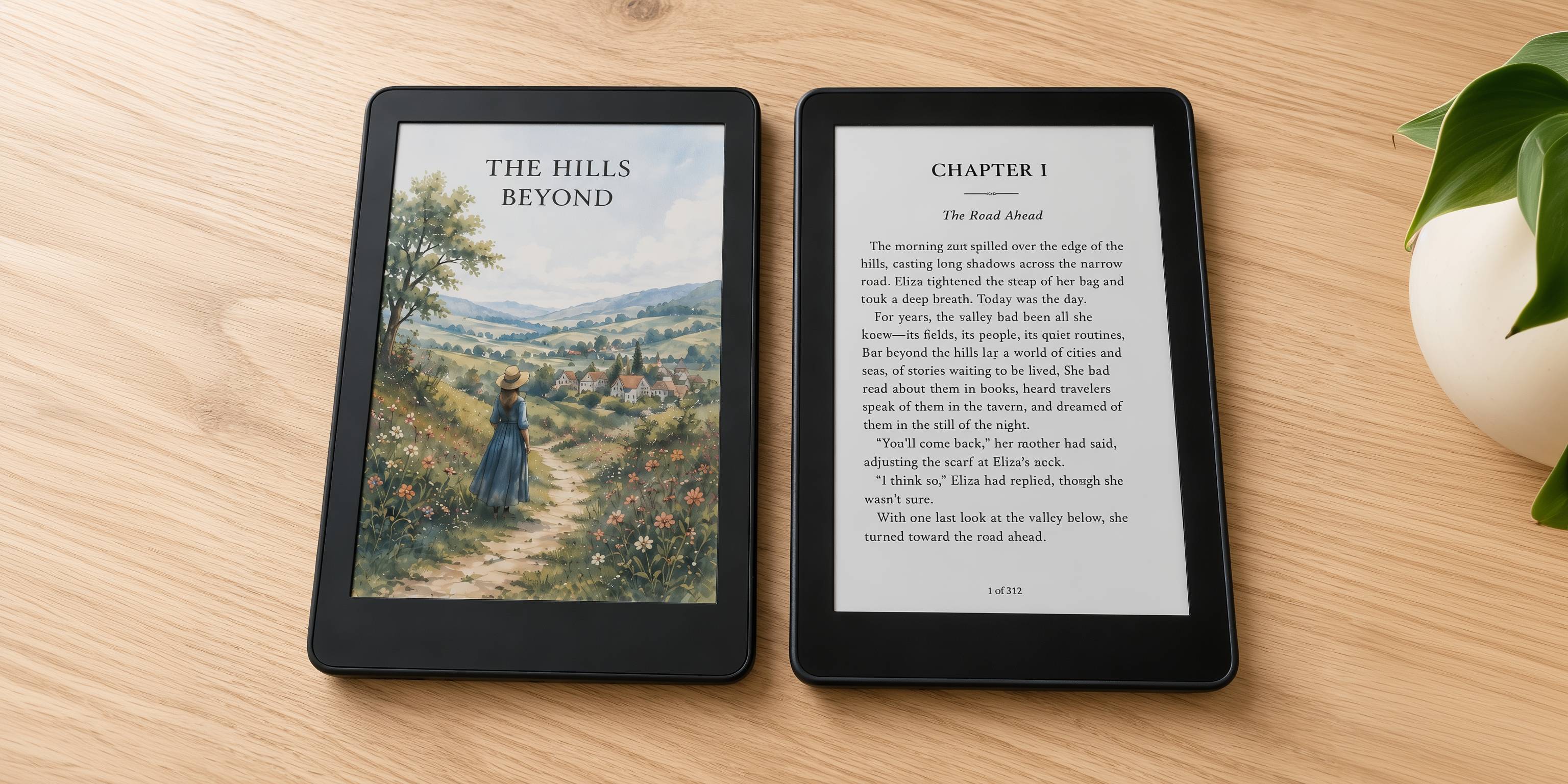 Zwei E-Reader auf Holztisch, einer zeigt Buchcover 'The Hills Beyond', der andere Textseite Kapitel 1