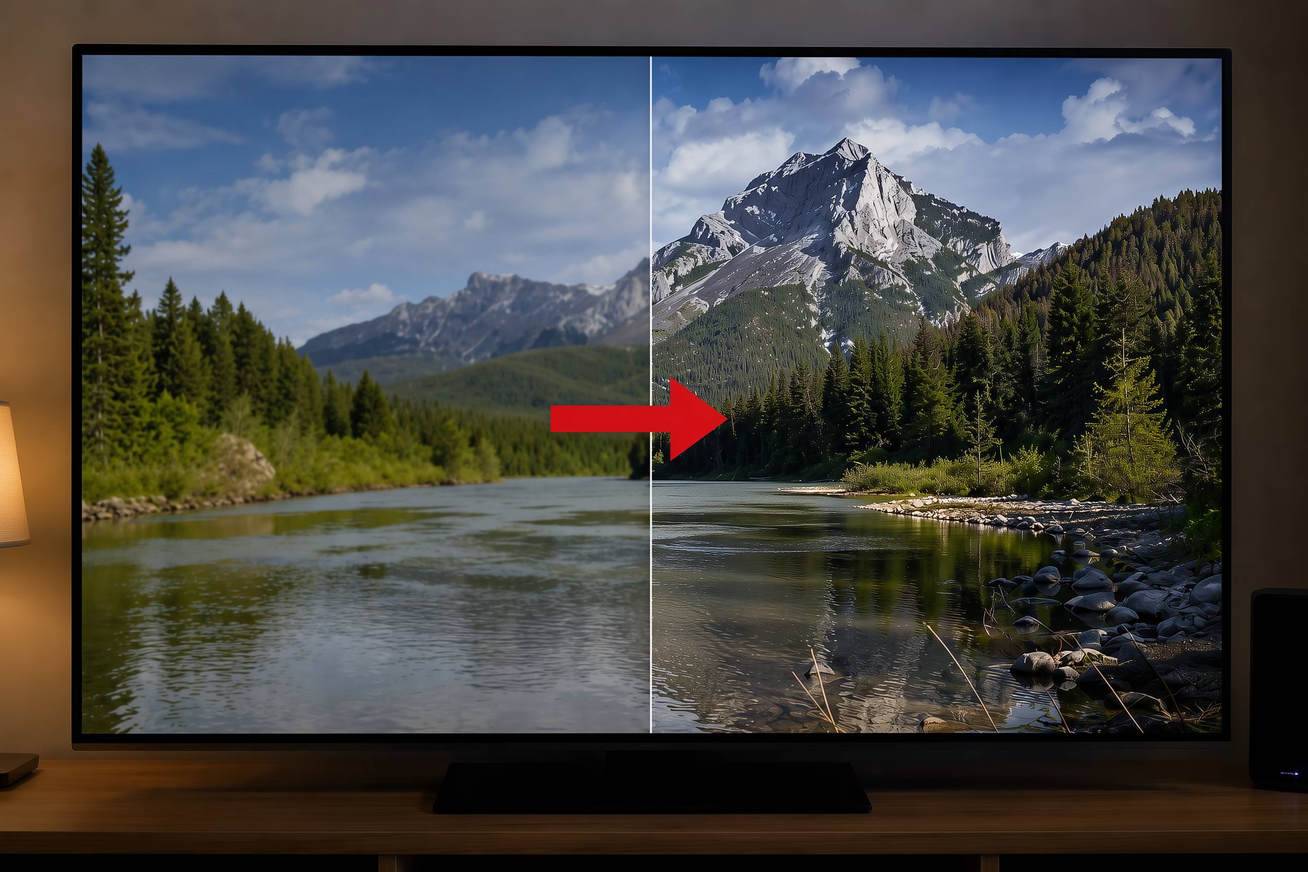 Fernseher zeigt Landschaft mit Fluss, Wald und Berg. Roter Pfeil zeigt Upscaling des Fernsehers an