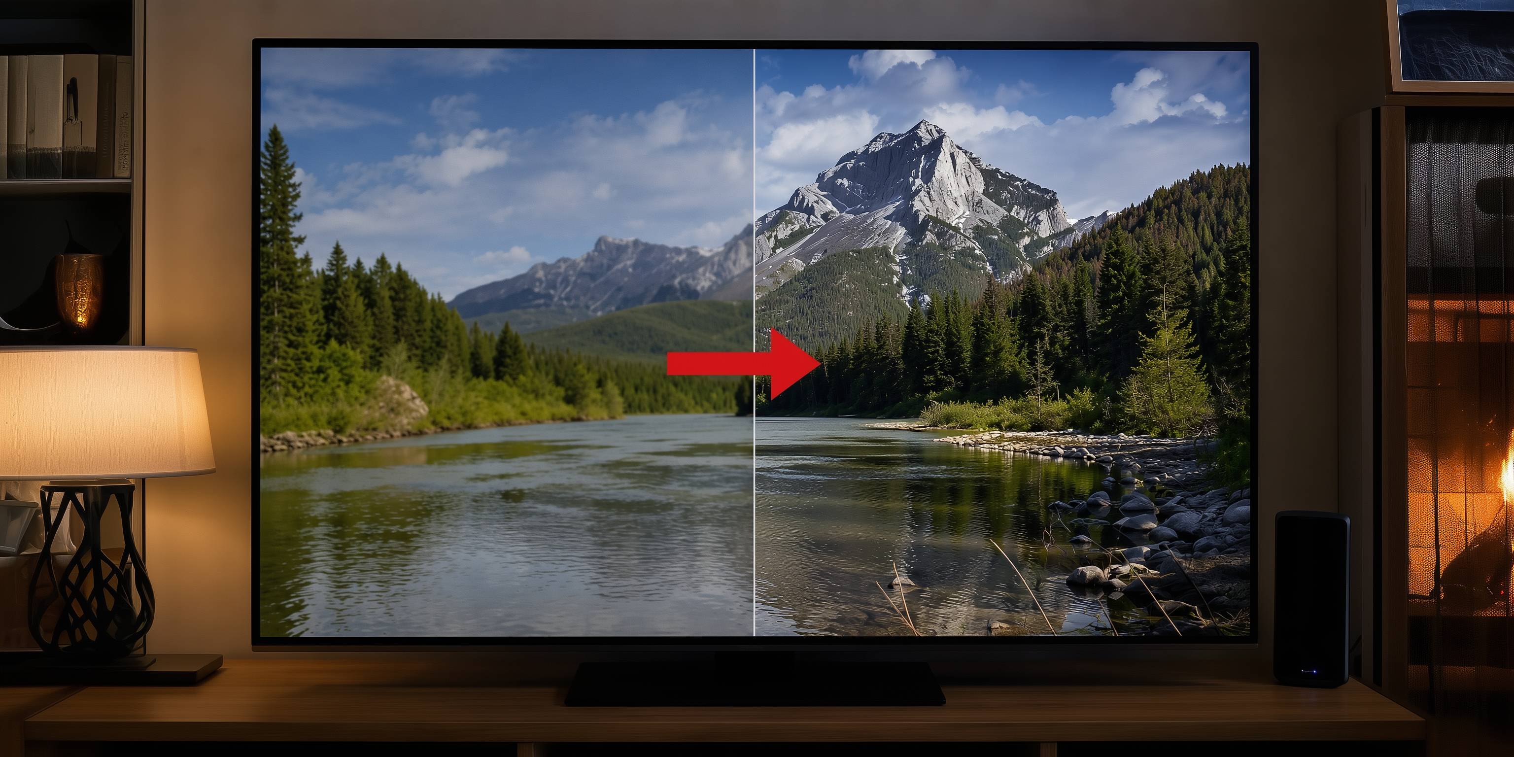 Fernseher zeigt Landschaft mit Fluss, Wald und Berg. Roter Pfeil zeigt Upscaling des Fernsehers an