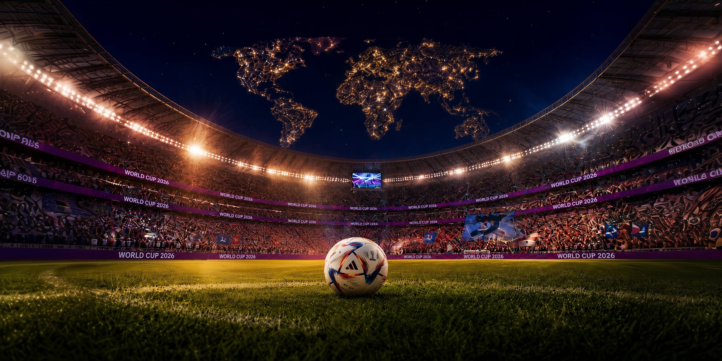 Fußball auf dem Spielfeld in einem beleuchteten Stadion mit Weltkarte aus Lichtern am Nachthimmel