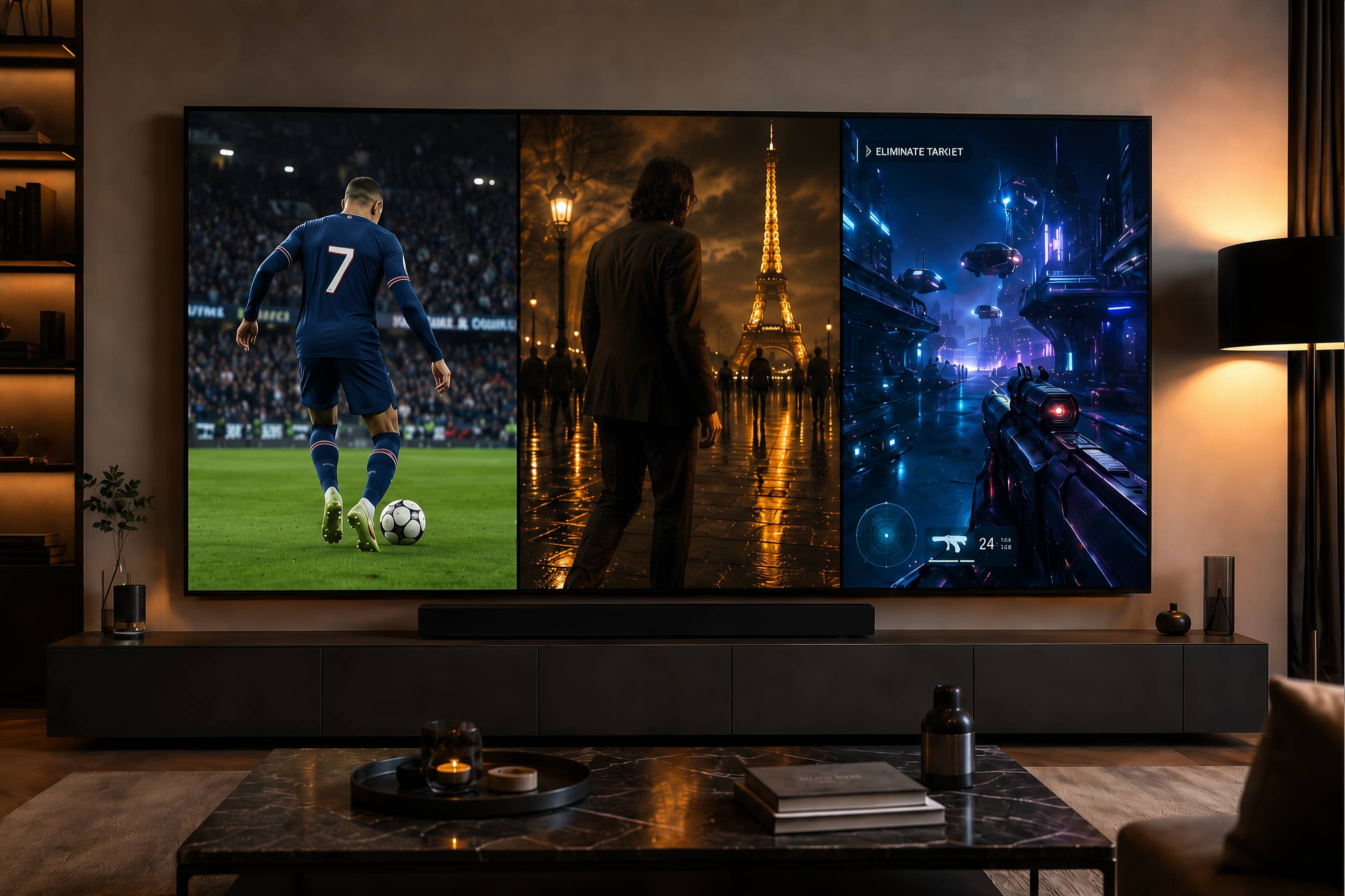 Großer Fernseher zeigt drei verschiedene Szenen: Fußballspieler, Person vor Eiffelturm und futuristisches Videospiel