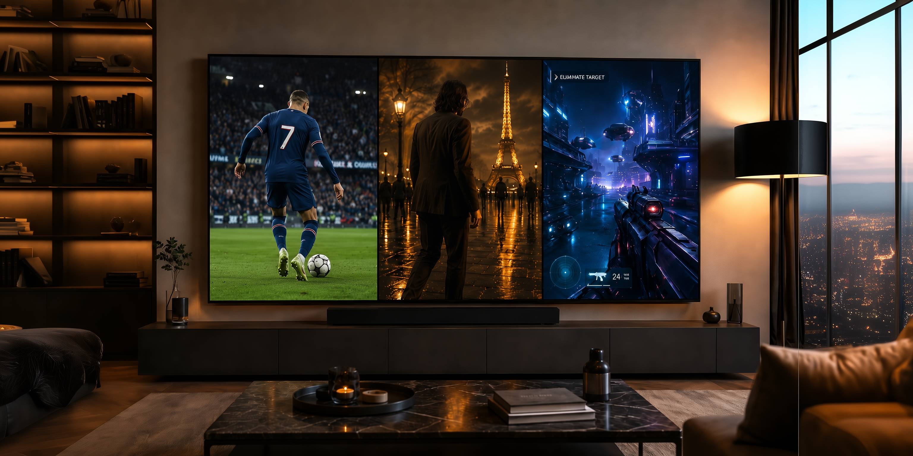 Großer Fernseher zeigt drei verschiedene Szenen: Fußballspieler, Person vor Eiffelturm und futuristisches Videospiel