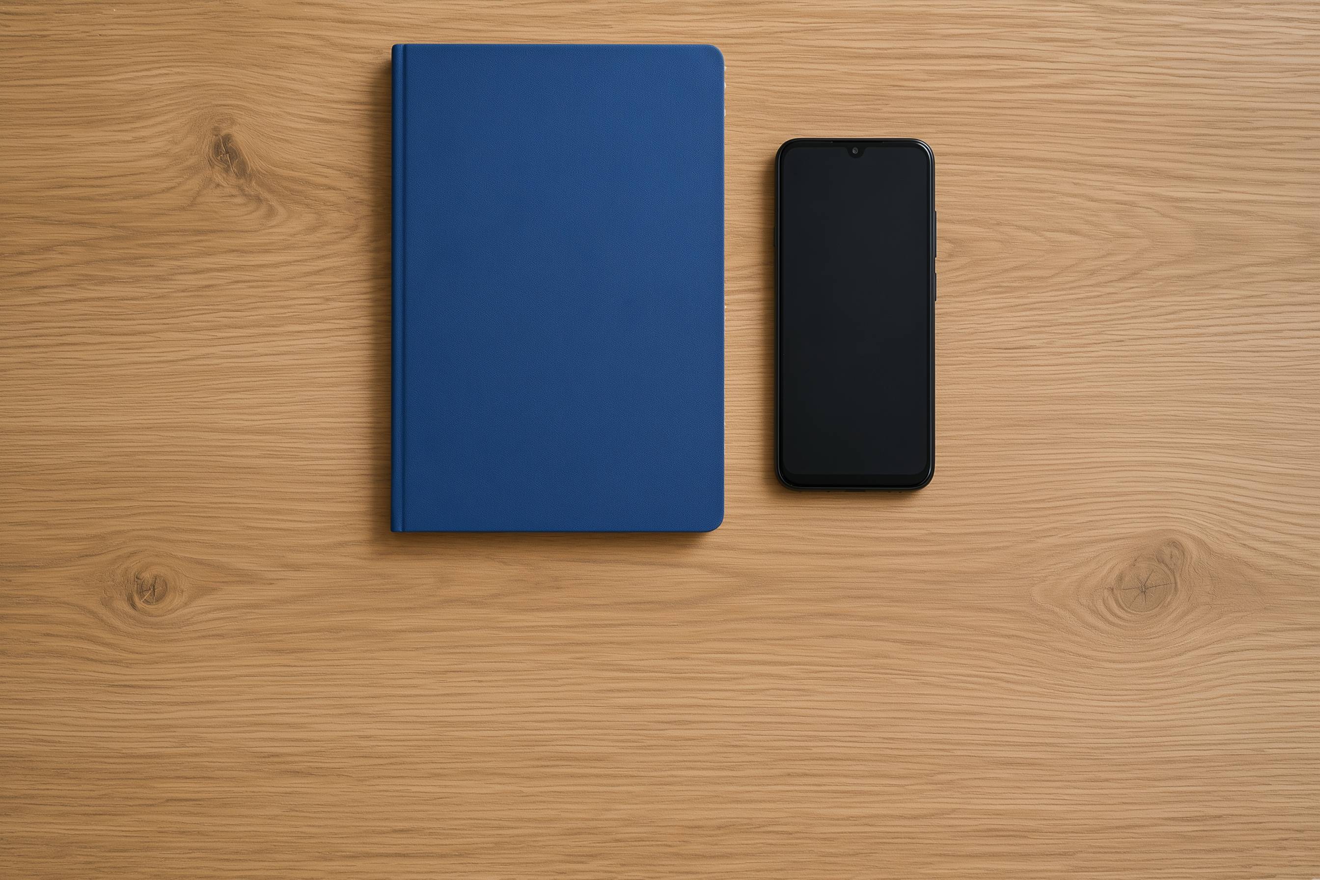 Blaues Notizbuch und schwarzes Smartphone auf Holztisch