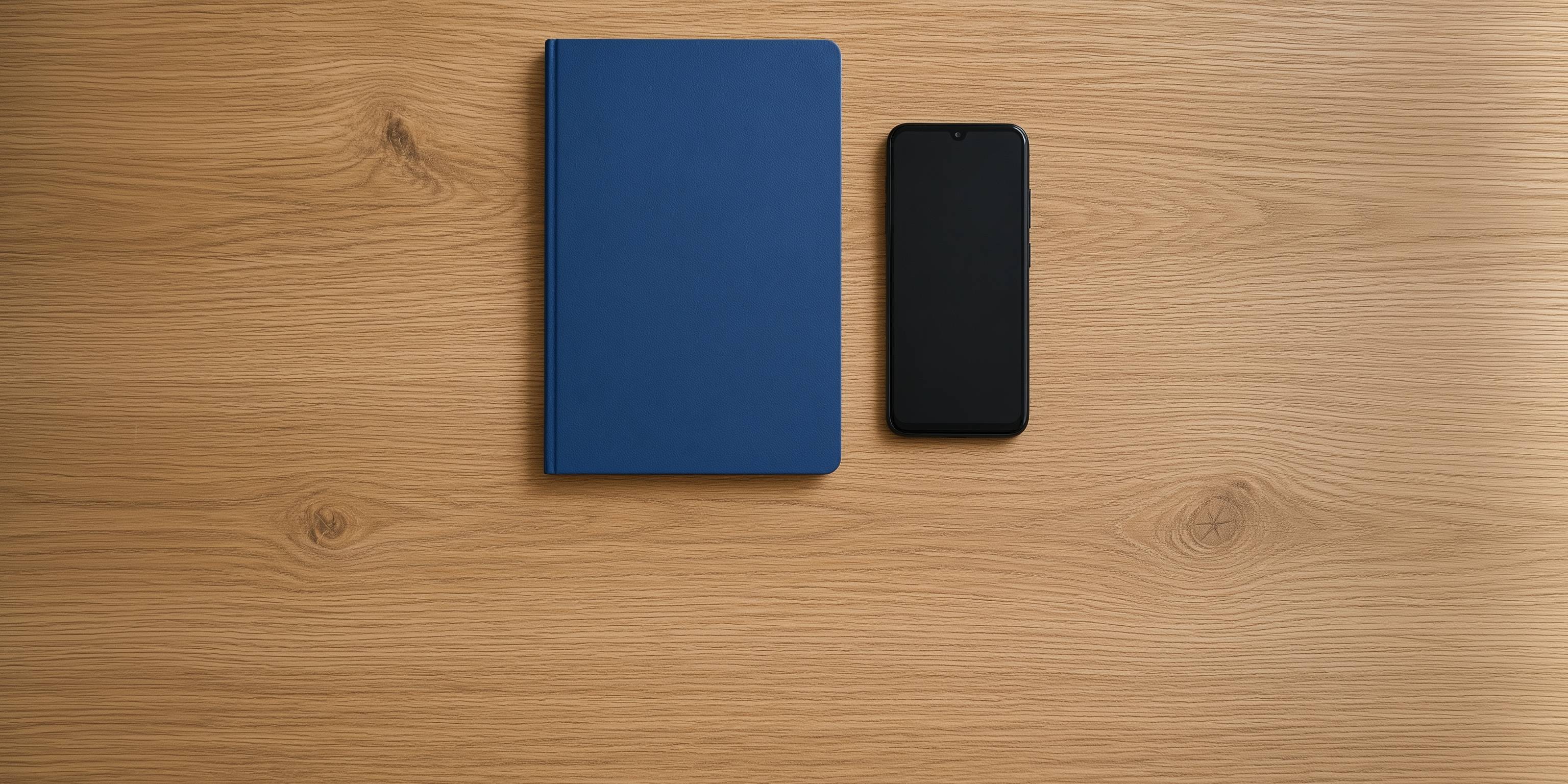 Blaues Notizbuch und schwarzes Smartphone auf Holztisch