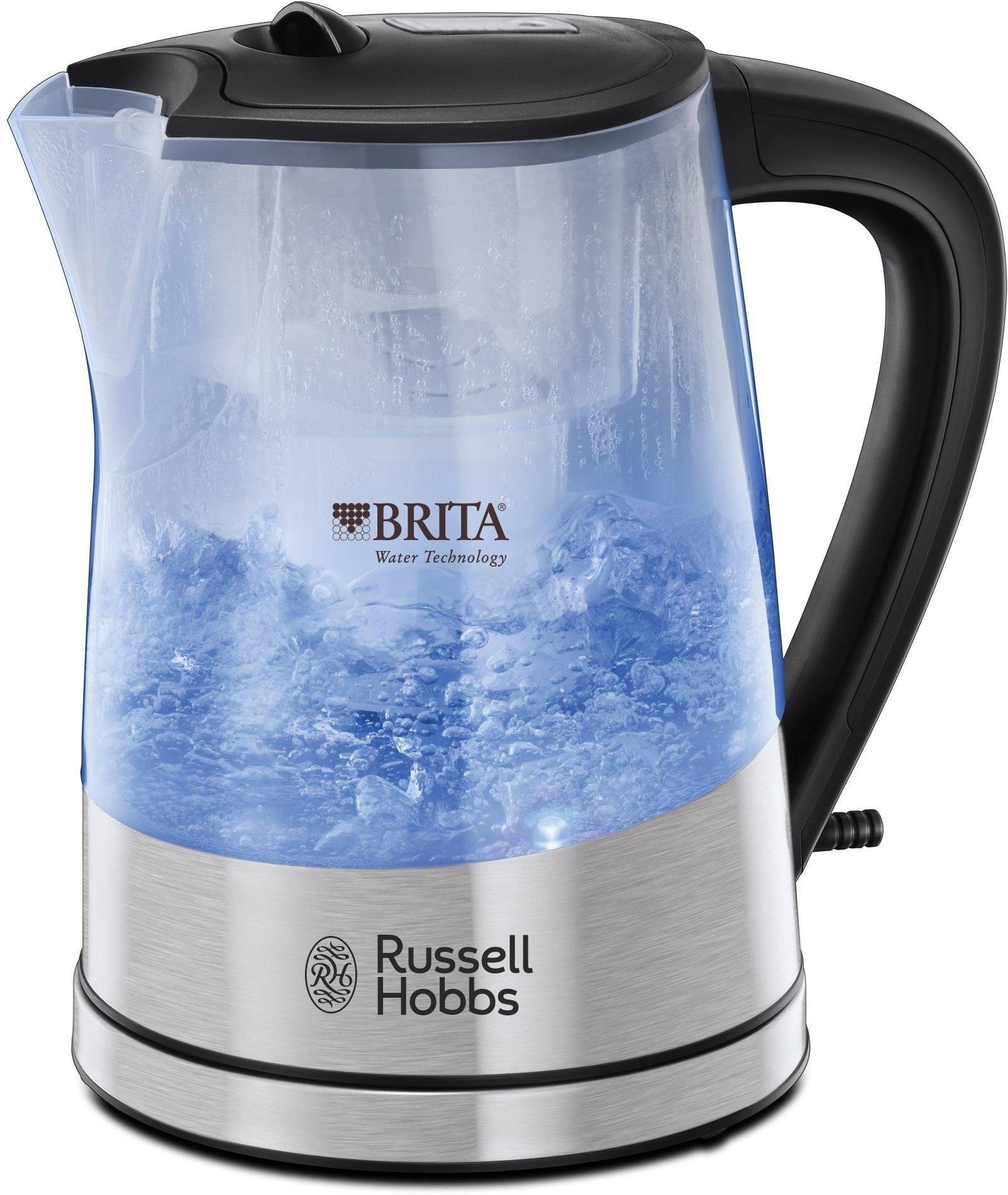Seitenansicht des Russell Hobbs Wasserkochers mit blau beleuchtetem kochendem Wasser und integriertem BRITA Wasserfilter.