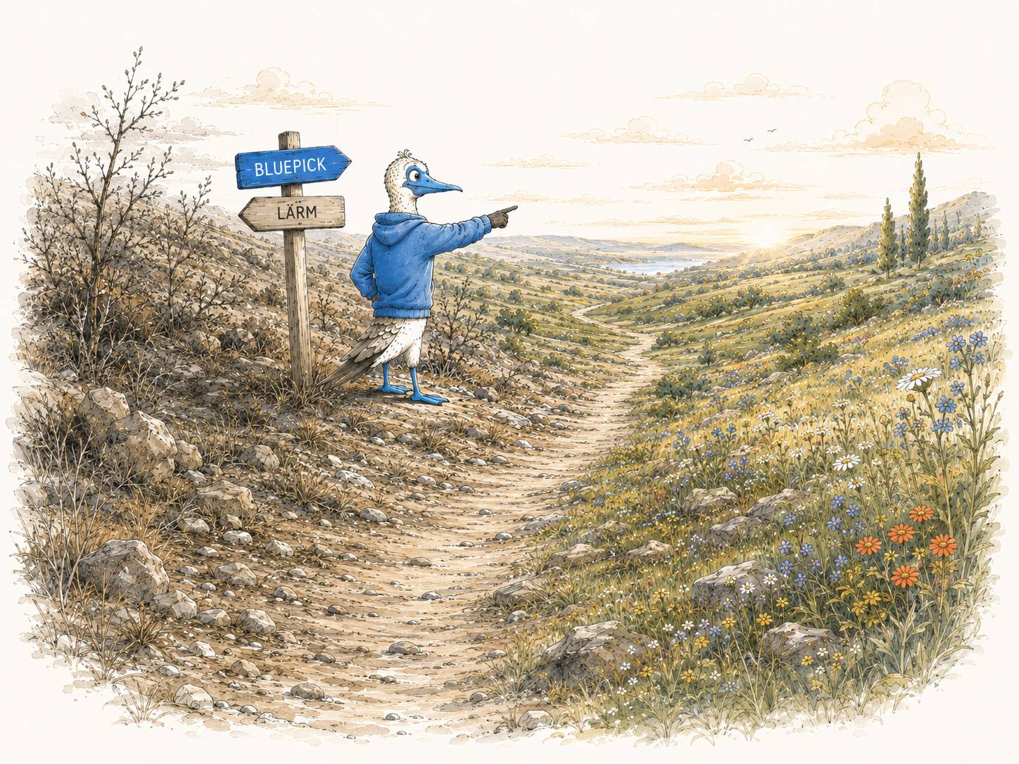 Blu steht an einem Wegweiser zwischen kargem Gestrüpp und offenem, sonnigem Land. Ein Schild zeigt zurück Richtung „Lärm“, das andere nach vorn Richtung Bluepick, wo ein Weg durch blühende Wiesen zum Horizont führt.