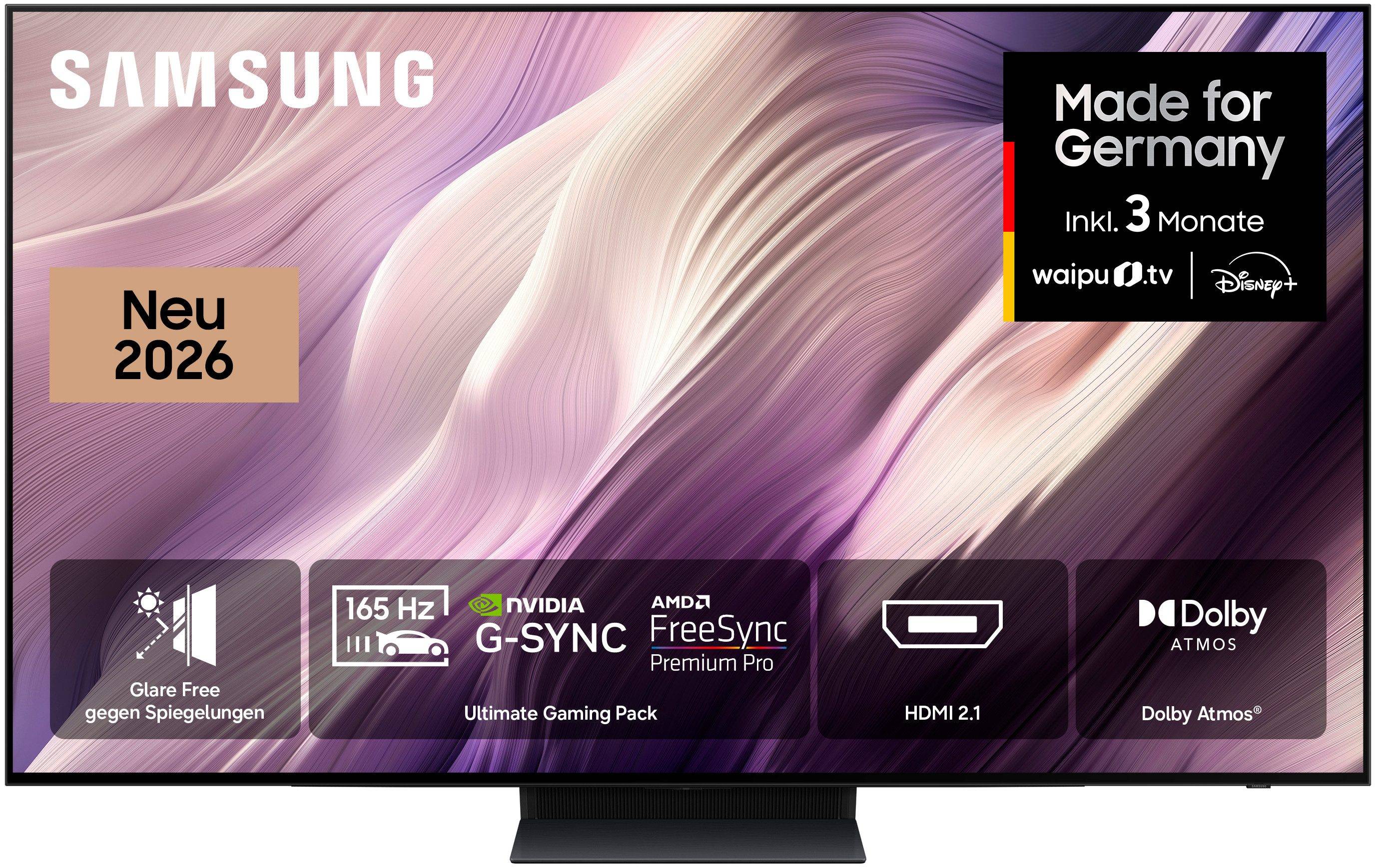 Frontalansicht des Samsung OLED S95H mit Feature-Logos wie 165Hz, G-SYNC und HDMI 2.1.