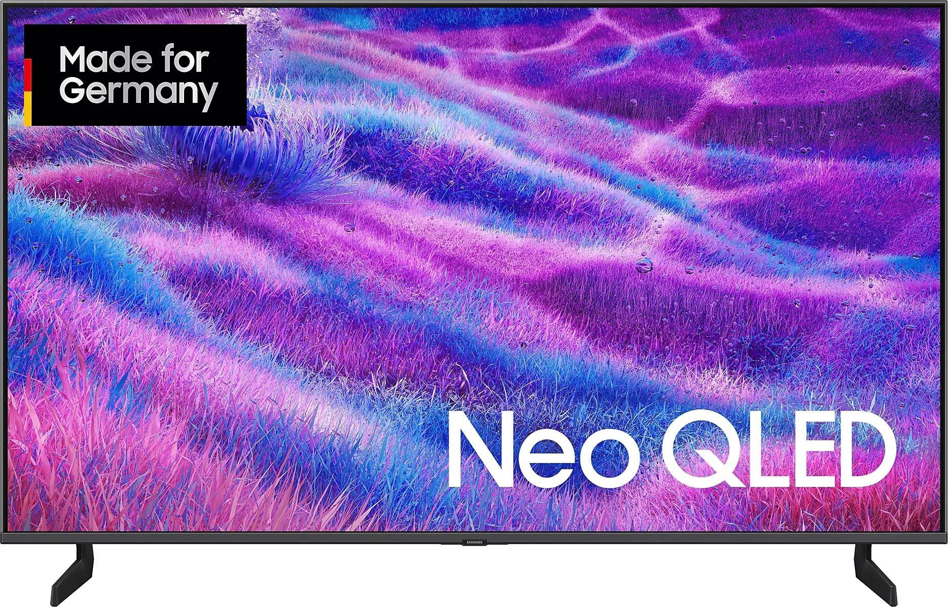 Frontalansicht des Samsung Neo QLED QN80F Fernsehers mit farbenfrohem Testbild.