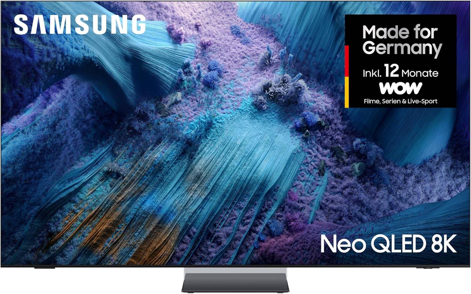 Frontansicht des Samsung Neo QLED 8K Fernsehers mit abstraktem blauen Bildschirminhalt.