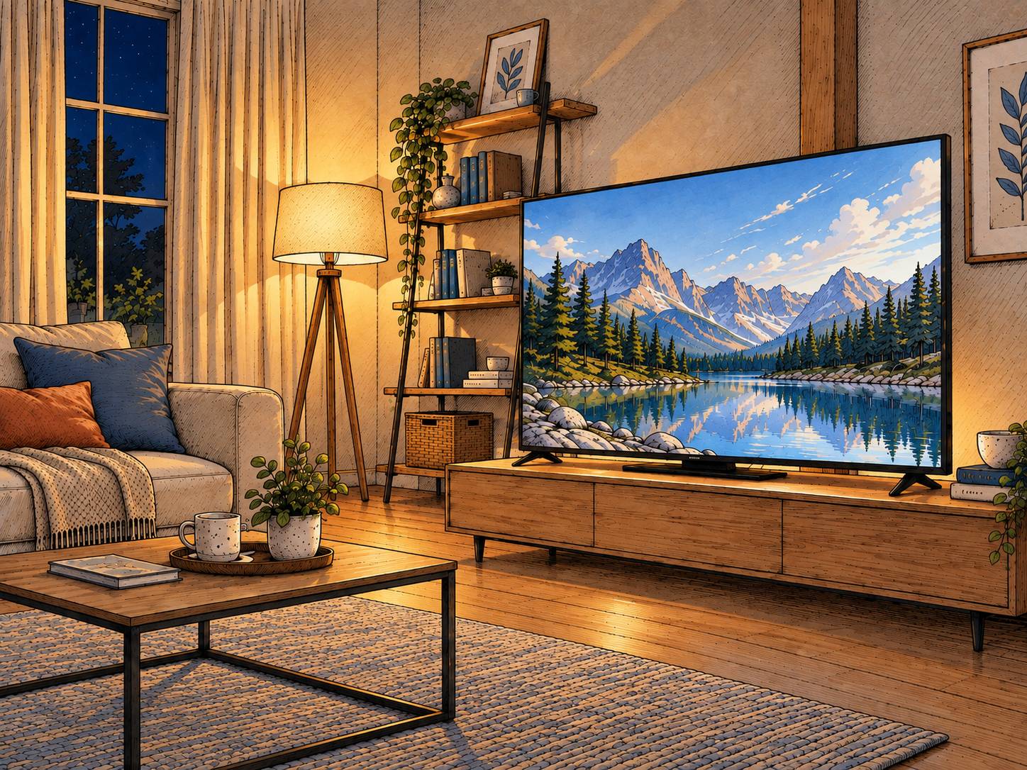 Gemütliches Wohnzimmer mit einem Fernseher. Eine Lampe leuchtet warmes Licht, und Zimmerpflanzen sind sichtbar.