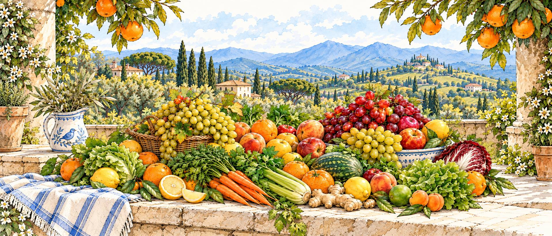 Reichhaltiges Arrangement aus frischem Obst und Gemüse auf einer gemauerten Terrasse mit Blick auf eine toskanische Hügellandschaft.