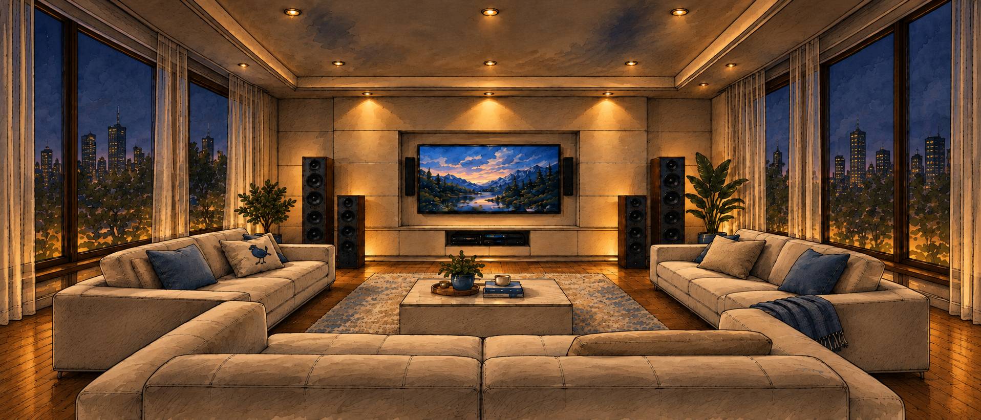 Heimkino, großer Fernseher mit Soundanlage in modernem Wohnzimmer.