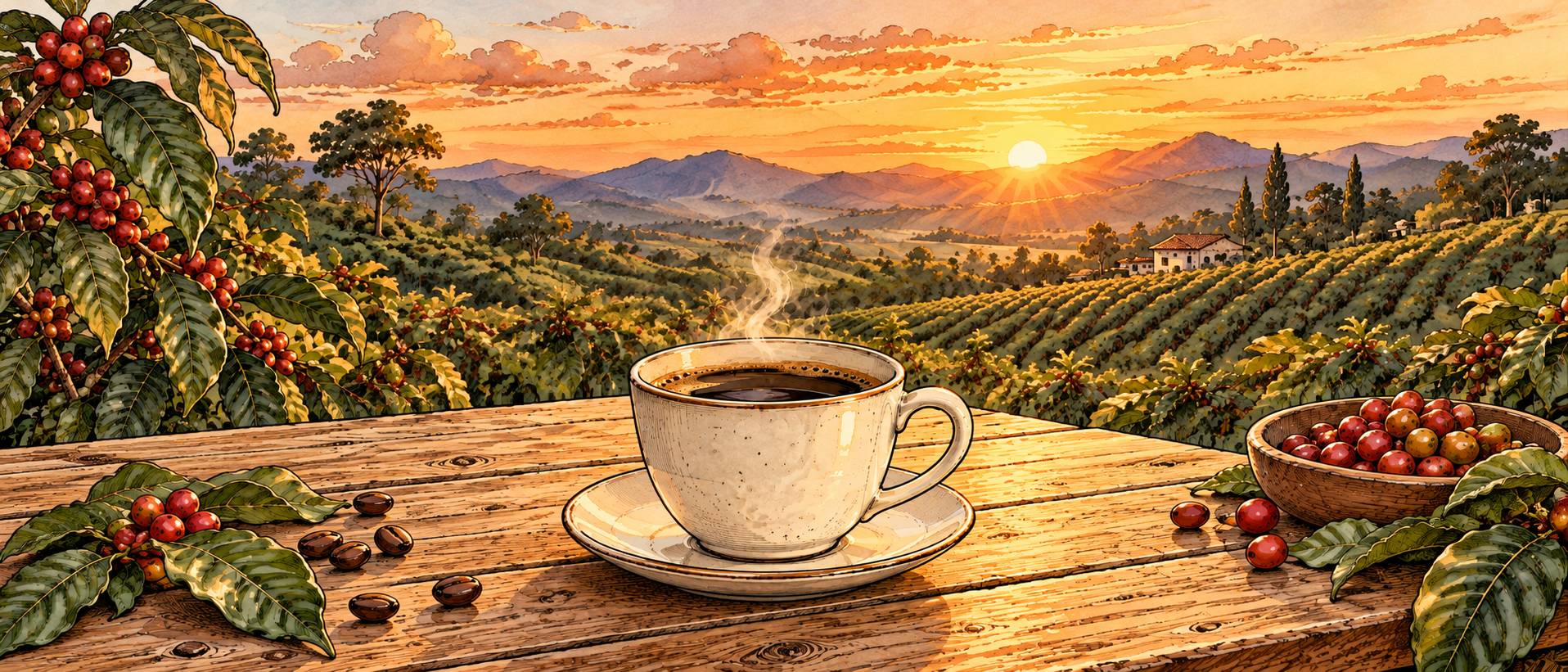 Eine Tasse Kaffee auf einem Tisch in einer Kaffeeplantage