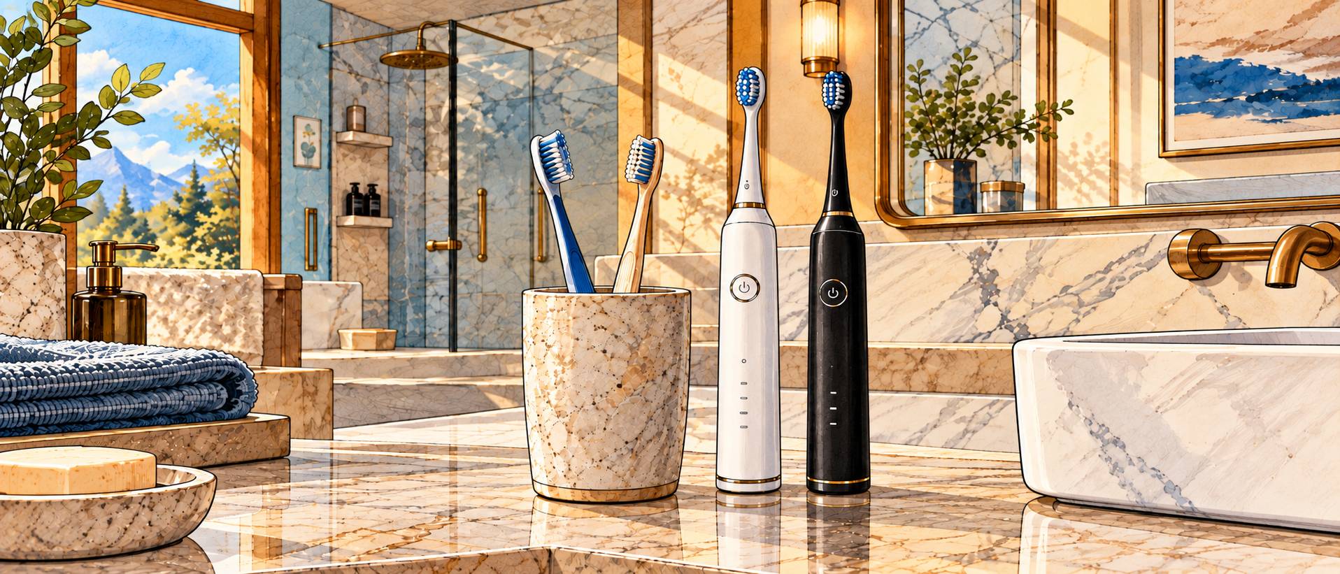 Zwei elektrische Zahnbürsten und zwei manuelle Zahnbürsten stehen auf einem luxuriösen Badezimmerwaschtisch aus Marmor vor einer Glasdusche.