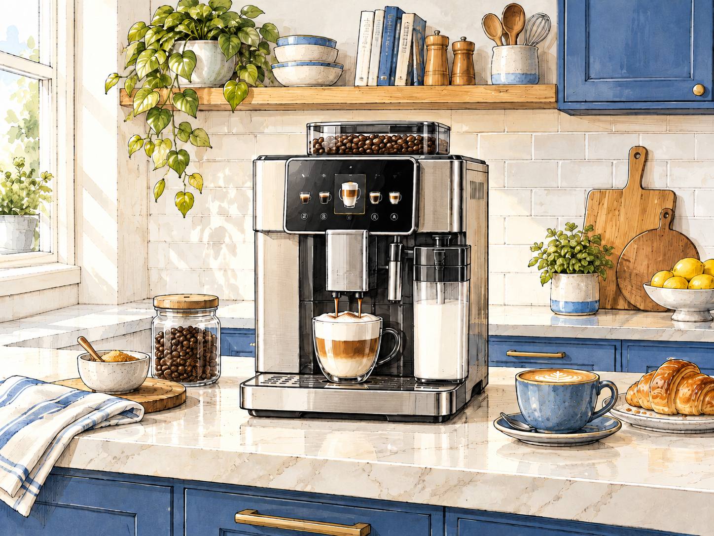 Moderner Kaffeevollautomat mit einer frisch zubereiteten Tasse Cappuccino auf einer hellen Küchenarbeitsplatte.