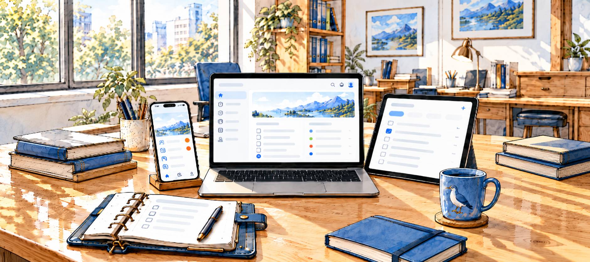 Ein heller, sonniger Büroarbeitsplatz mit einem Laptop, einem Tablet, einem Smartphone und einem Notizbuch auf einem Holztisch.