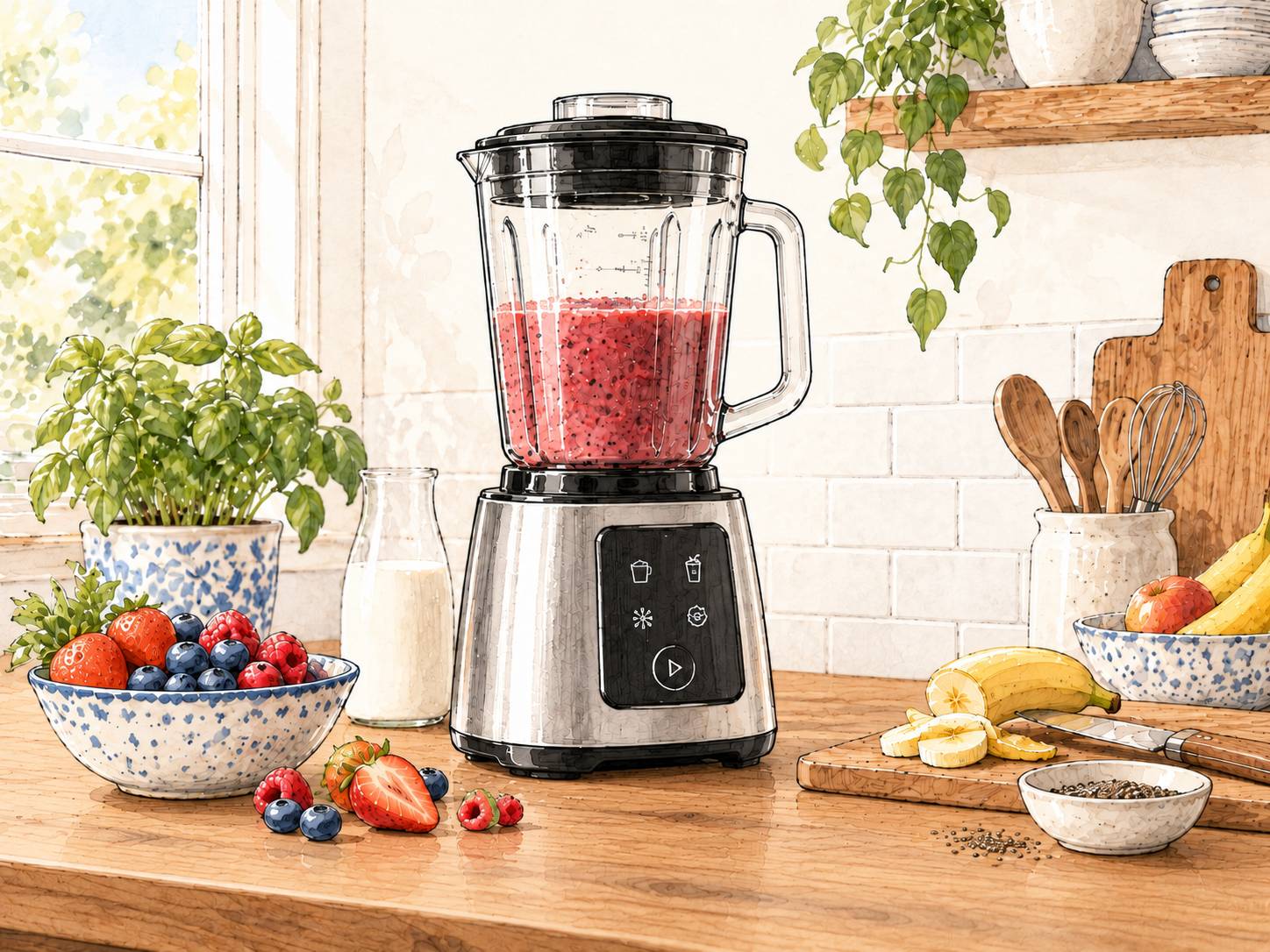 Mixer mit frischem Obst und Saft auf einer Küchentheke.