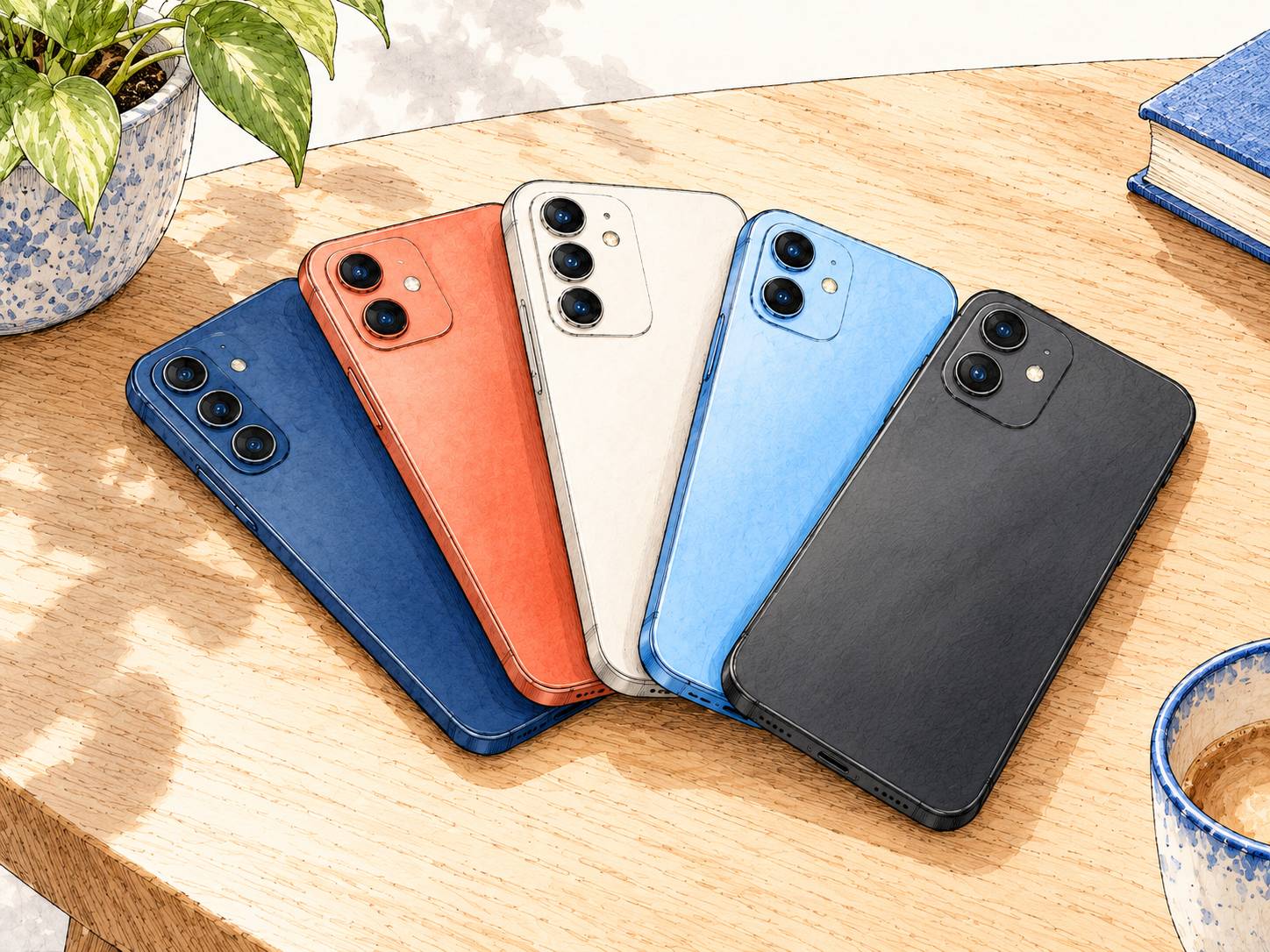 Fünf verschiedenfarbige Smartphones liegen nebeneinander auf einem Holztisch.