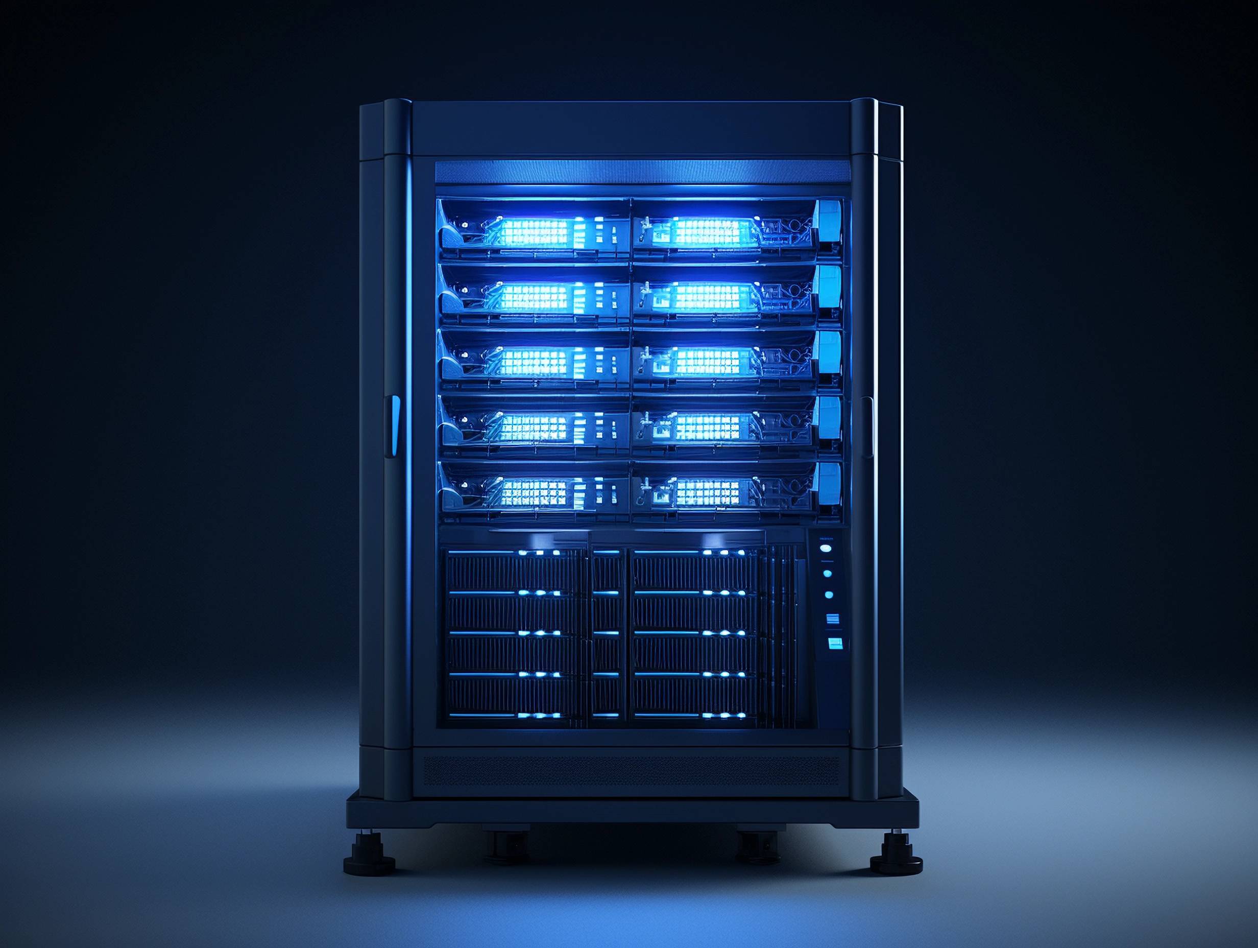 Großer Server-Rack der mit blauen LEDs im Dunkeln leuchtet.